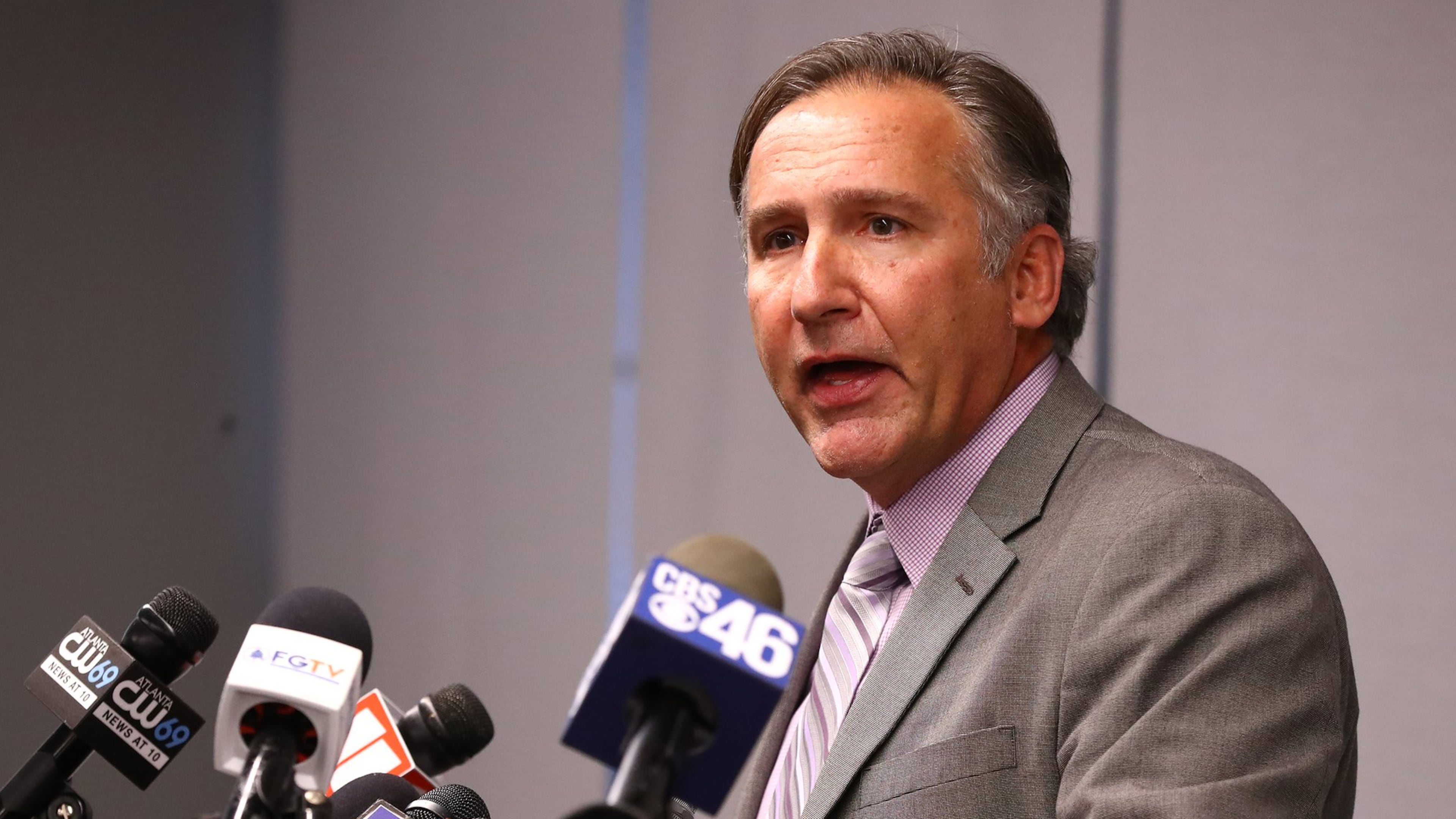 Fulton County Schools Superintendent Mike Looney holds a press conference announcing school closures after a Bear Creek Middle School teacher had a confirmed case of COVID-19 at the Fulton County Schools Administrative Building on Monday, March 9, 2020. (Curtis Compton/ccompton@ajc.com)