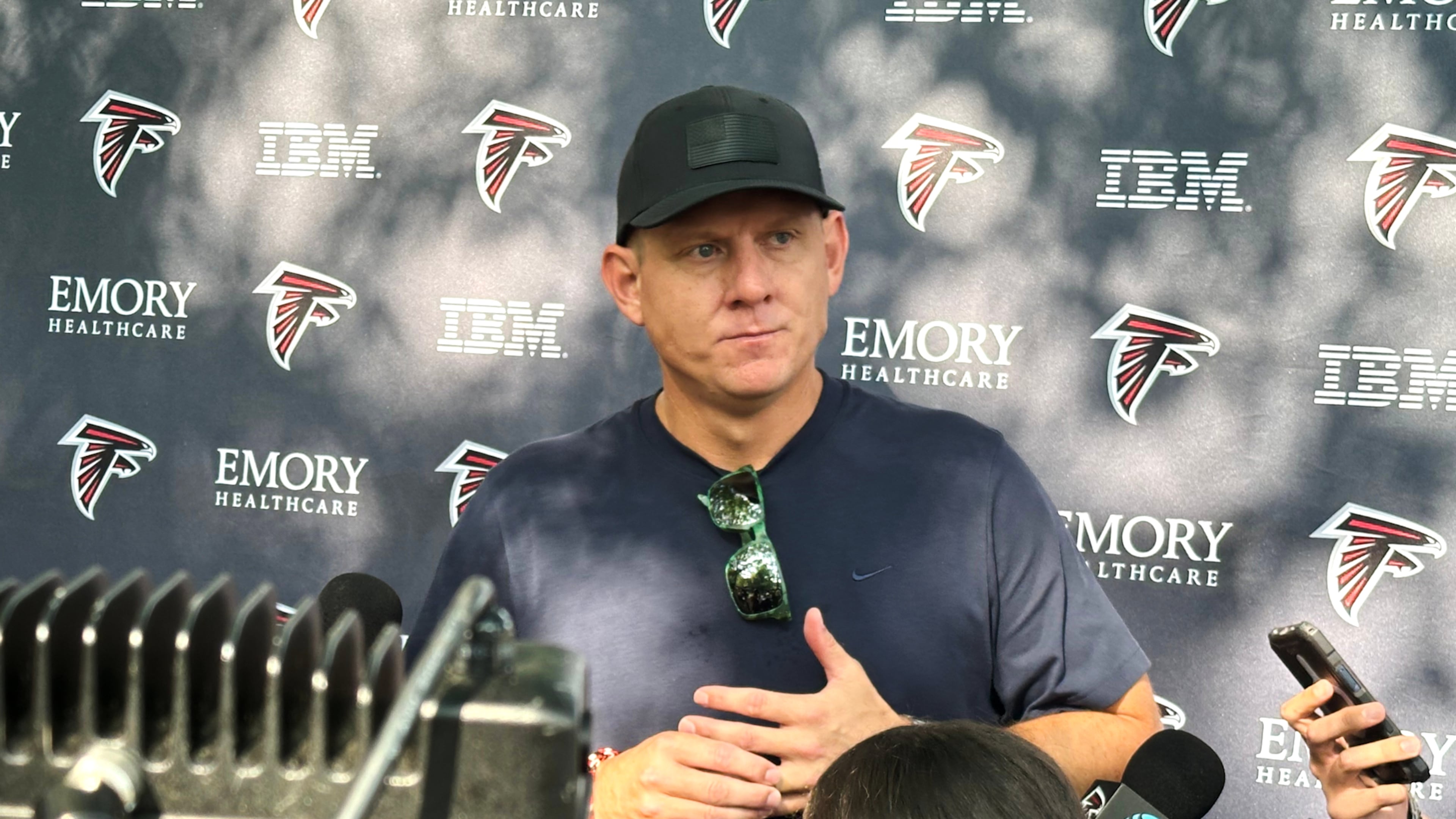 Veteran kicker Nick Folk, 41, speaks with reporters at the Atlanta Falcons practice facility in Flowery Branch, Georgia, Tuesday, July 28, 2026, before the team's first practice of training camp on Wednesday. (AP Photo/Charles Odum)