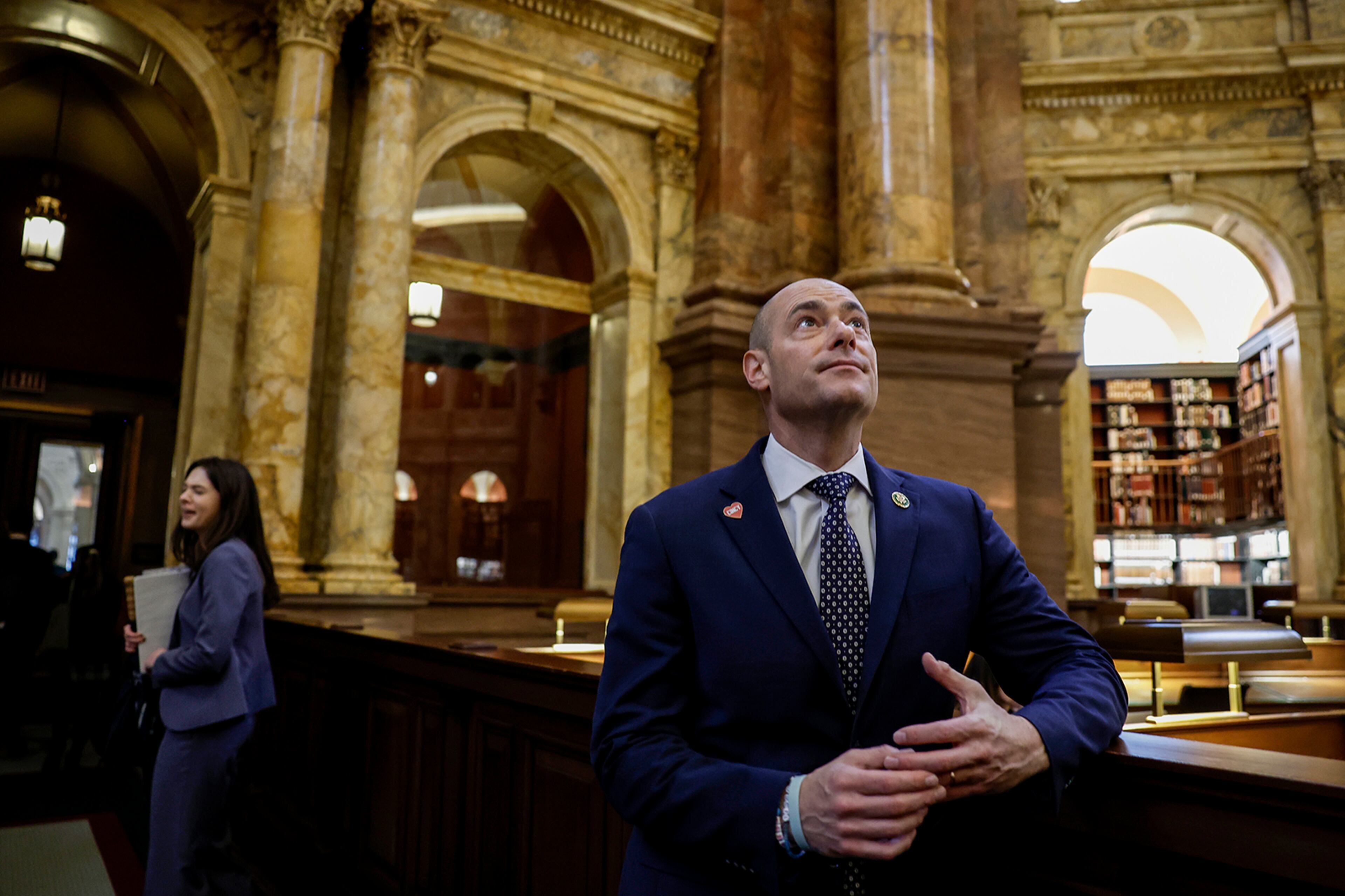 Rep. Greg Landsman, D-Ohio, looks up inside the reading room in the Library of Congress during a tour for the freshman Democrats in the 118th Congress on Jan. 31, 2023, in Washington, DC. (Anna Moneymaker/Getty Images/TNS)