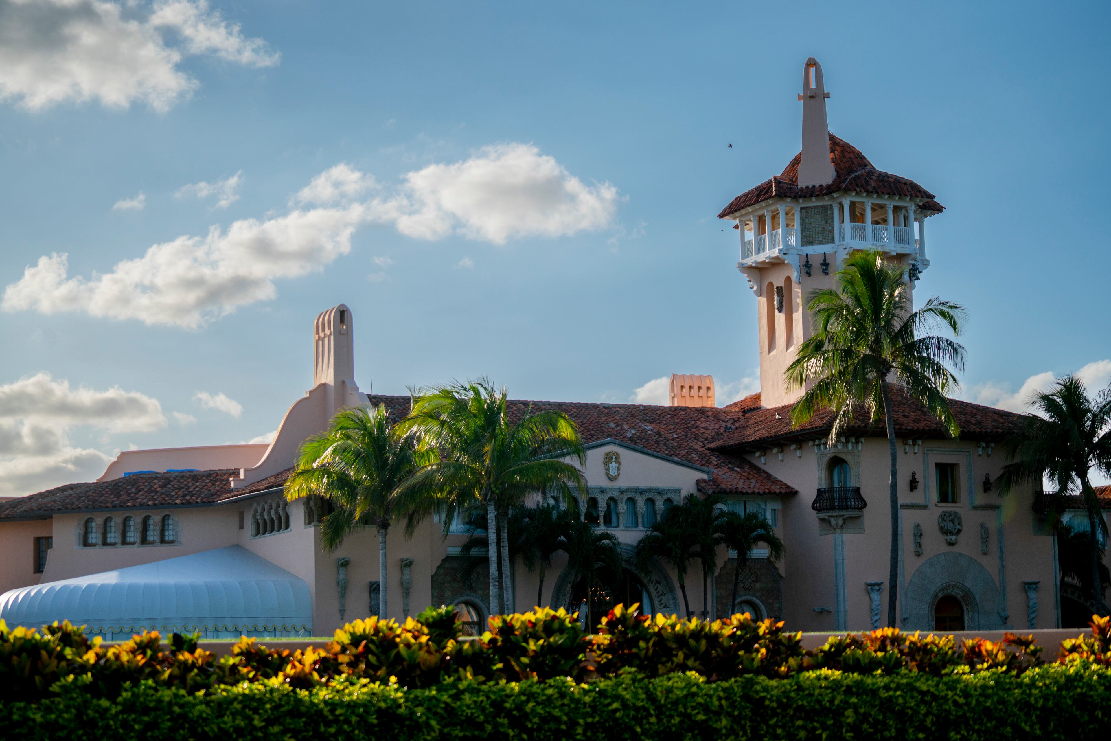 Former President Donald Trump's Mar-a-Lago Club on the evening he was indicted in Manhattan, in Palm Beach, Fla., March 30, 2023. Donald J. Trump was indicted in Manhattan on Thursday for his role in paying hush money to a porn star, according to five people with knowledge of the matter. (Josh Ritchie/The New York Times)
