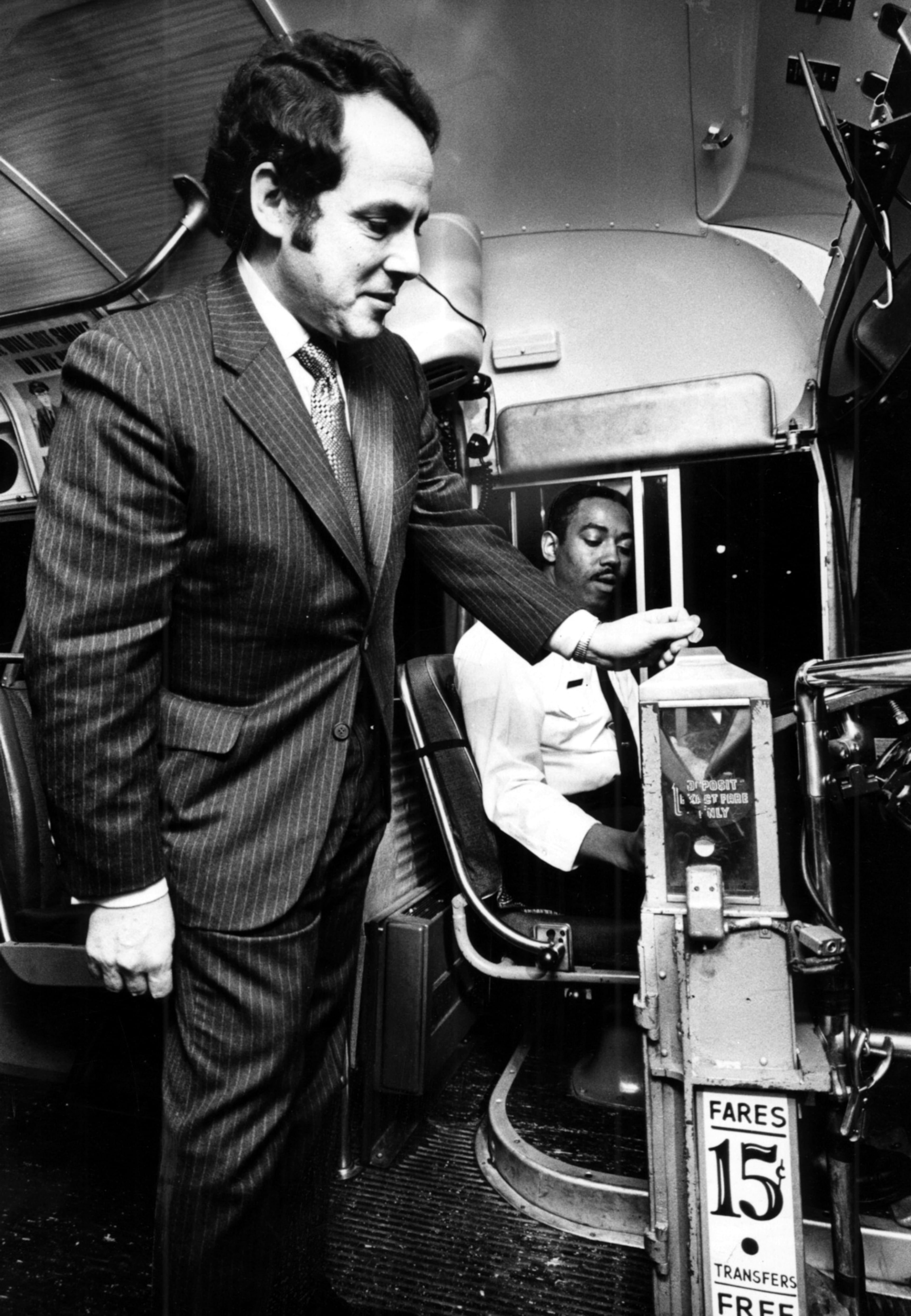 March 1, 1972 - Atlanta Mayor Sam Massell rides the Atlanta bus system, MARTA. J.A. Hawkins is the bus operator. (Robert Connell/AJC file)