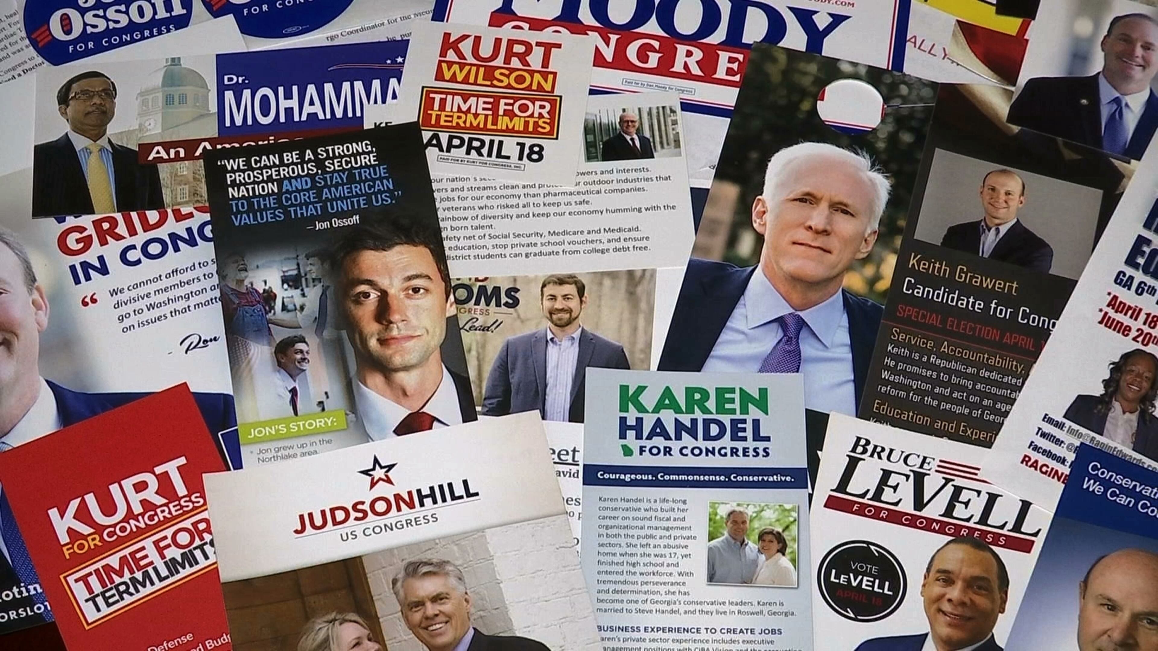 The post election dominoes of President Donald Trumps administration picks and a California Democratic appointment have created five openings in the U.S. House of Representatives, including in the 6th Congressional District in suburban Atlanta. Eighteen candidates, including the ones seen in this compilation of campaign advertisements, are running in a special election on Tuesday, April 18, 2017. Democrats believe they have a shot, based on Trumps underperformance and the early fundraising success of Jon Ossoff. (AP Photo/Alex Sanz)