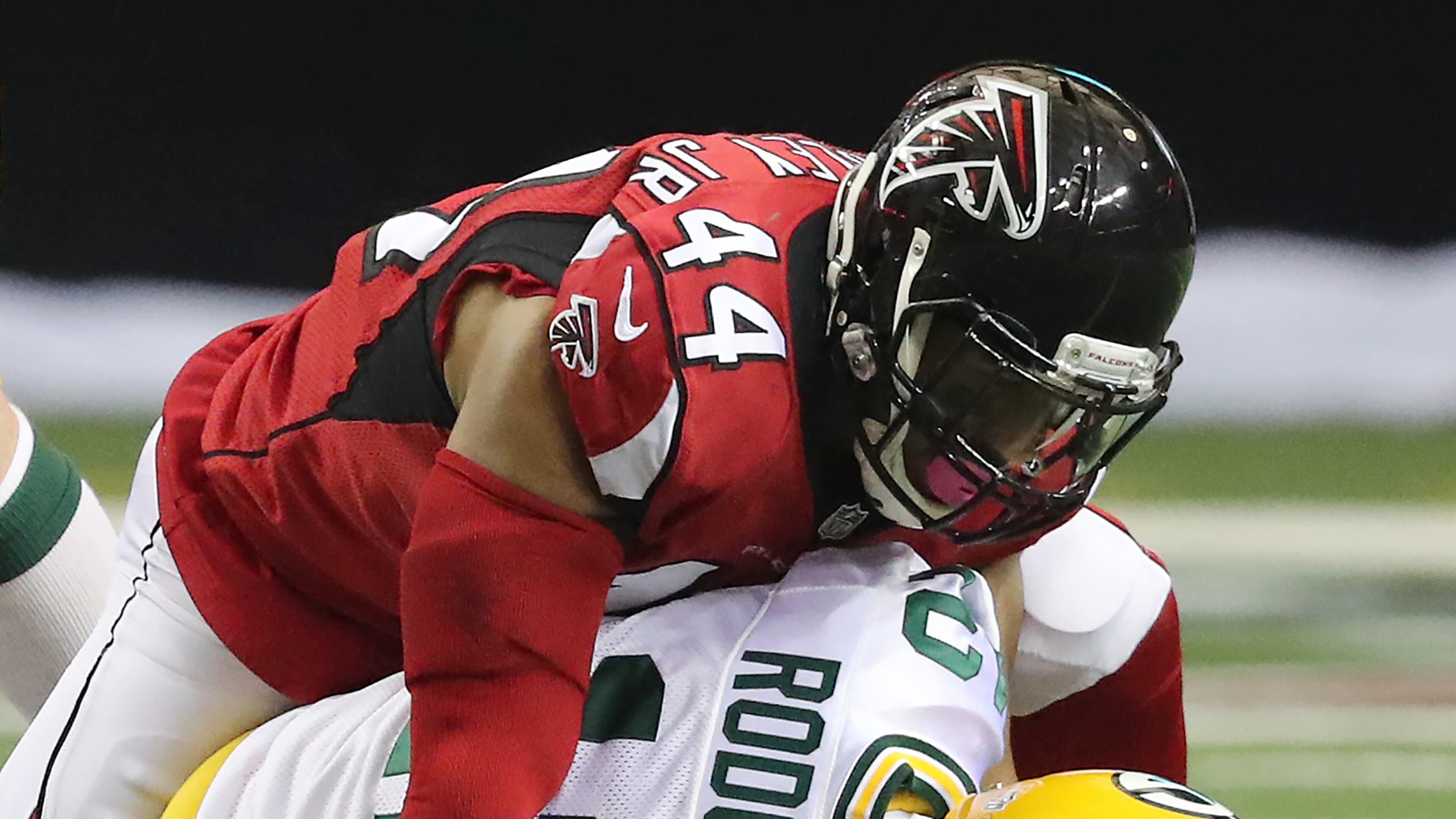 Vic Beasley Jr. sacks quarterback Aaron Rodgers during the Falcons-Packers regular-season matchup in 2016. The teams met in the NFC title game in January and will face each other Sunday in the 2017 home opener for the Falcons at Mercedes-Benz Stadium. Curtis Compton/ccompton@ajc.com