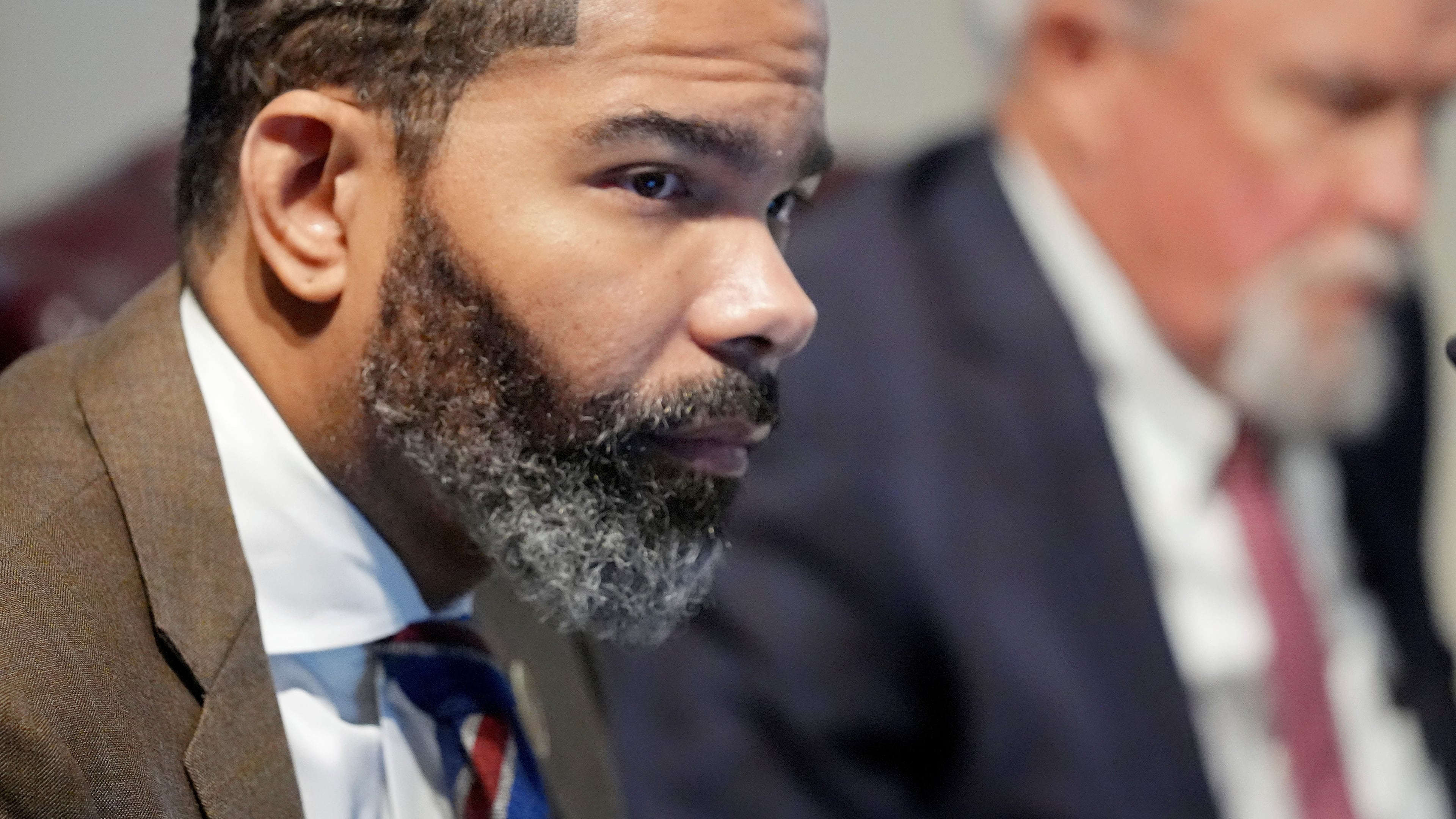 FILE - Jackson Mayor Chokwe Antar Lumumba listens to the weekly Jackson City Council meeting at city hall in Jackson, Miss., Tuesday, Nov. 19, 2024. (AP Rogelio V. Solis, File)