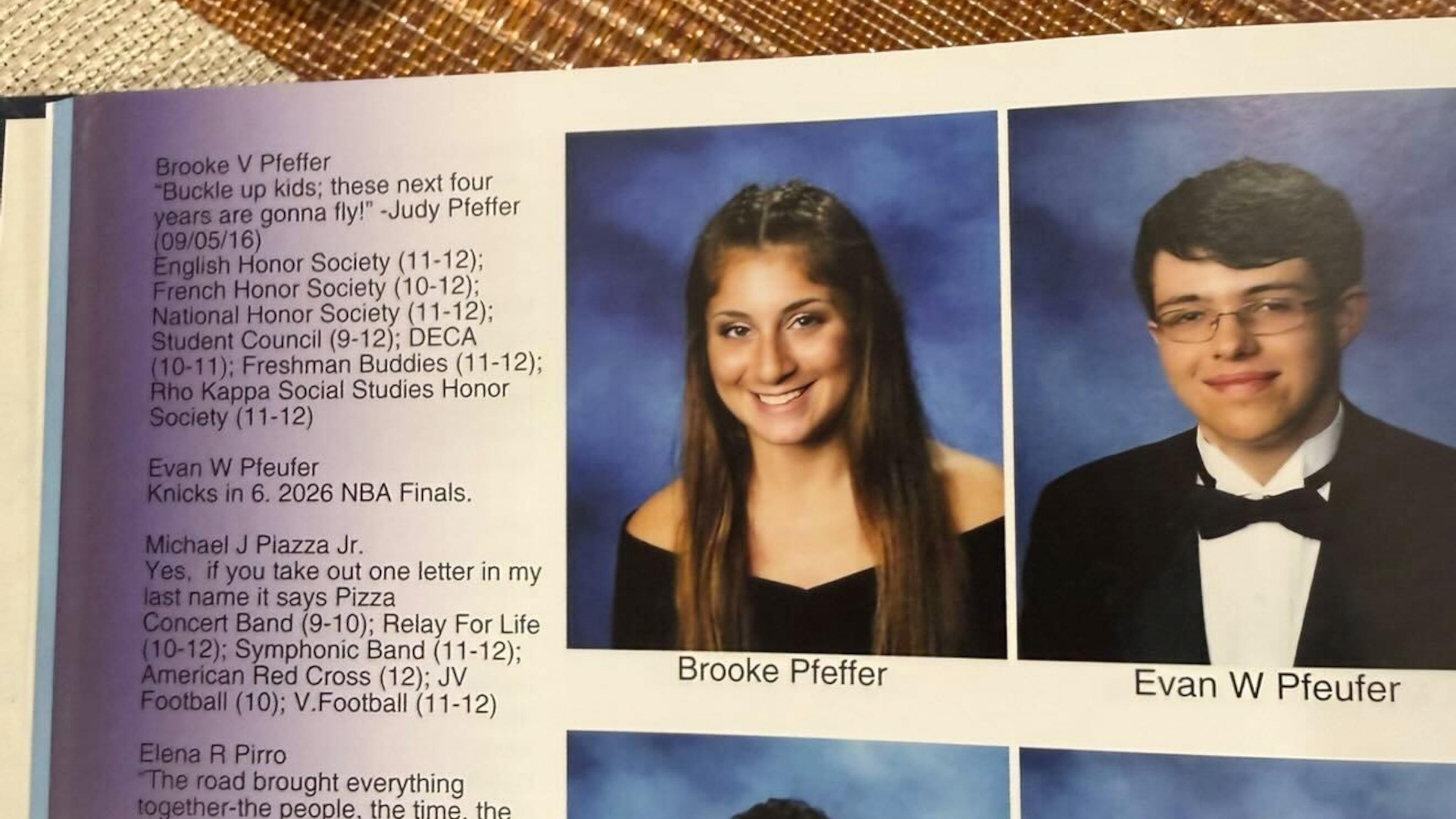 This photo provided by Evan Pfeufer shows Pfeufer's senior quote, which reads "Knicks in 6. 2026 NBA Finals," and photo in his high school yearbook on Thursday, June 4, 2026, in Kings Park, N.Y. (Evan Pfeufer via AP)