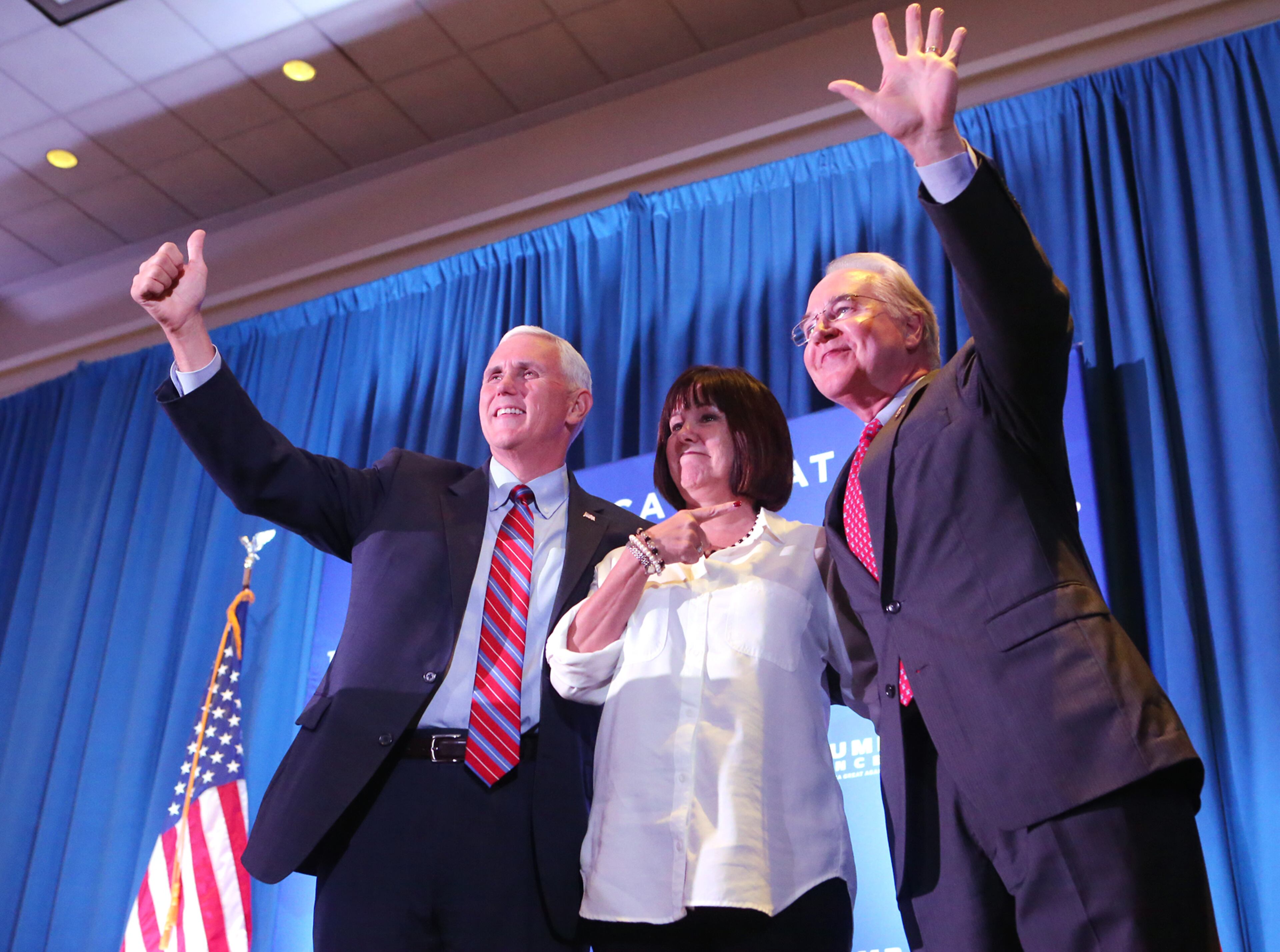 Republican vice presidential nominee and Indiana Gov. Mike Pence, his wife Karen, and Rep. Tom Price of Georgia make a campaign stop to shore up support for Donald Trump at the Cobb-Marietta Coliseum & Exhibit Hall Authority on Monday, August 29, 2016, in Marietta. Curtis Compton /ccompton@ajc.com