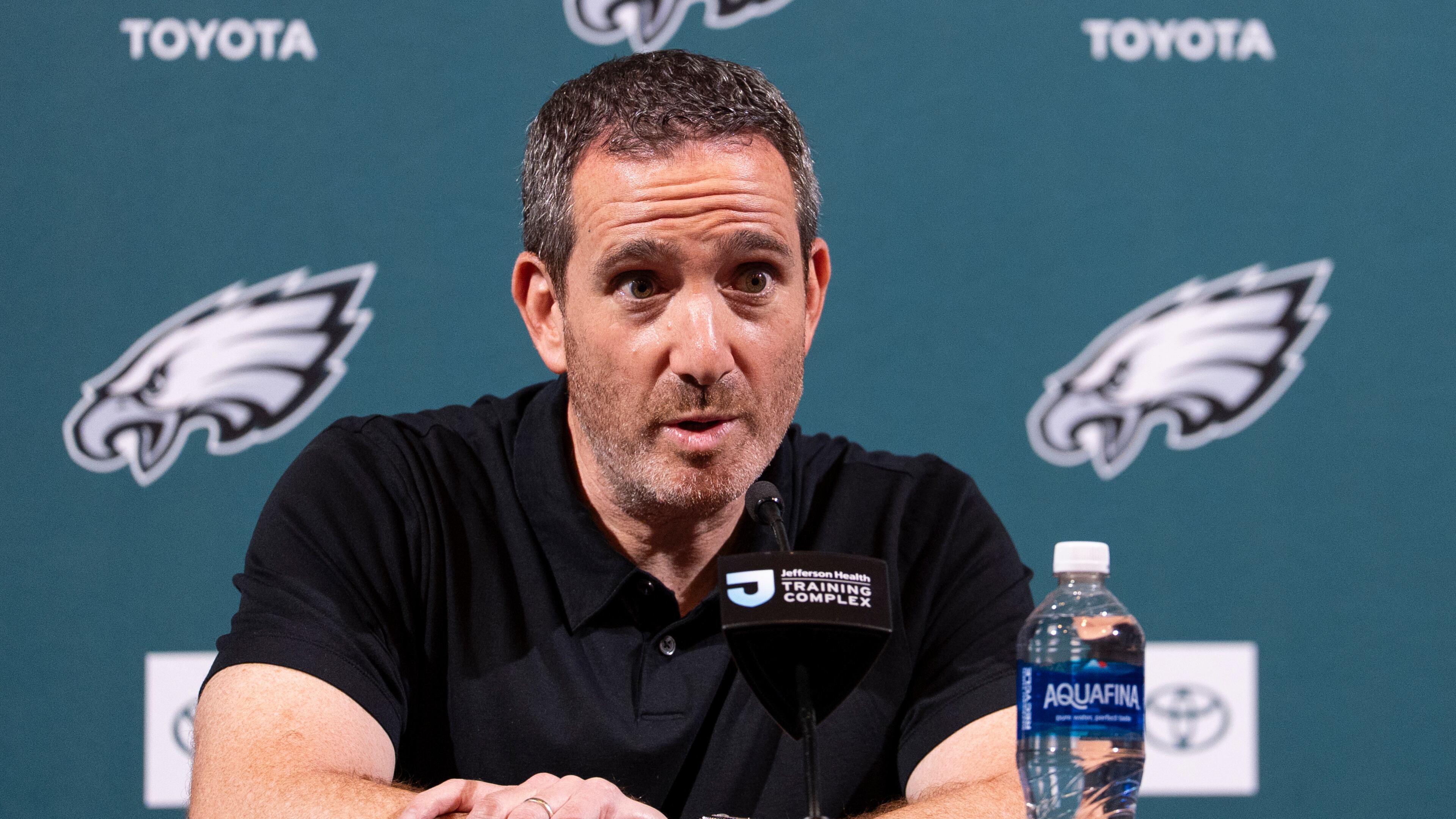 Philadelphia Eagles executive vice president and general manager Howie Roseman speaks with the media during a news conference at the NFL football team's training facility, Tuesday, April 14, 2026, in Philadelphia. (AP Photo/Chris Szagola)