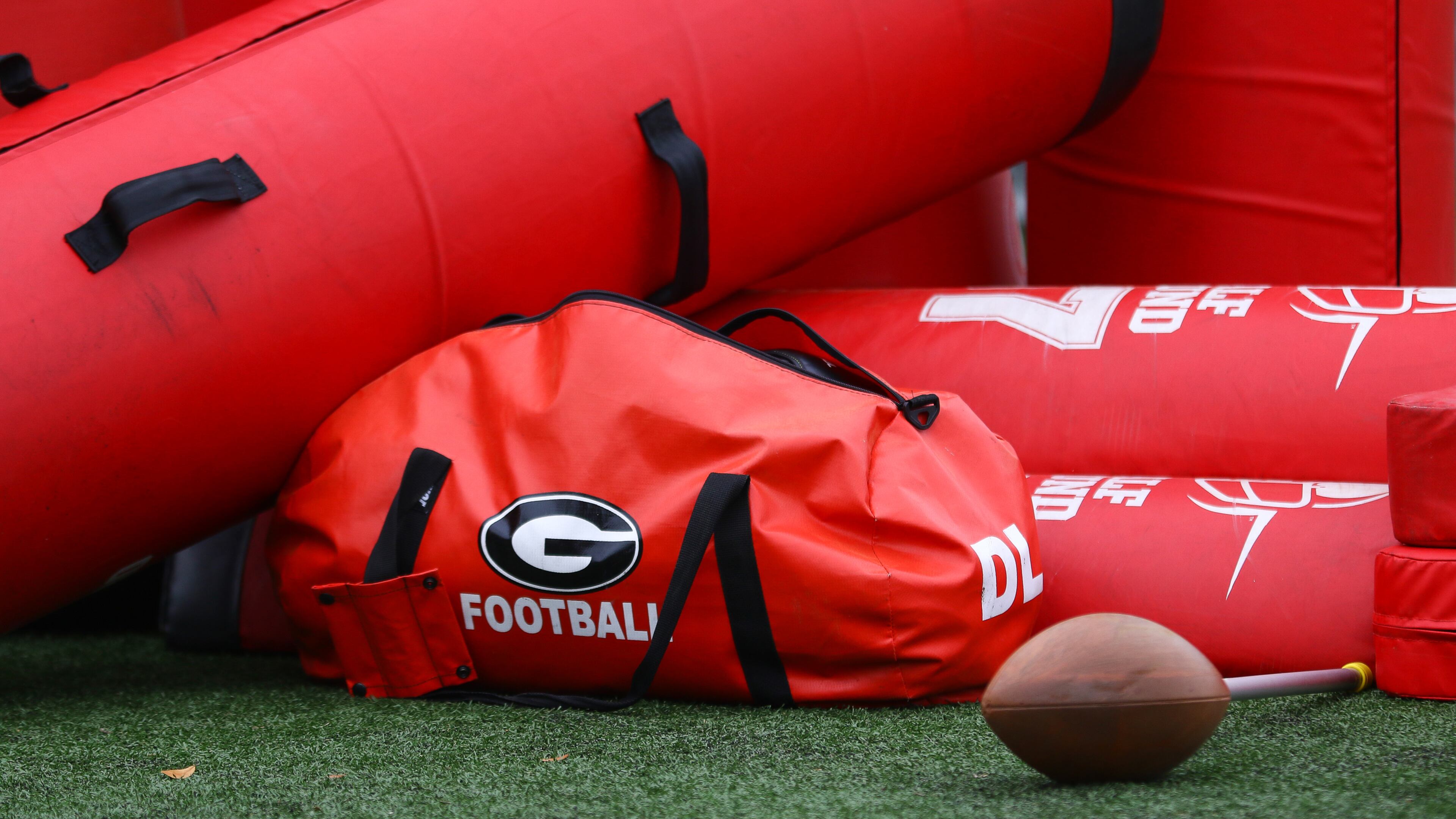 Georgia football equipment at spring practice Thursday, April 4, 2019, in Athens.