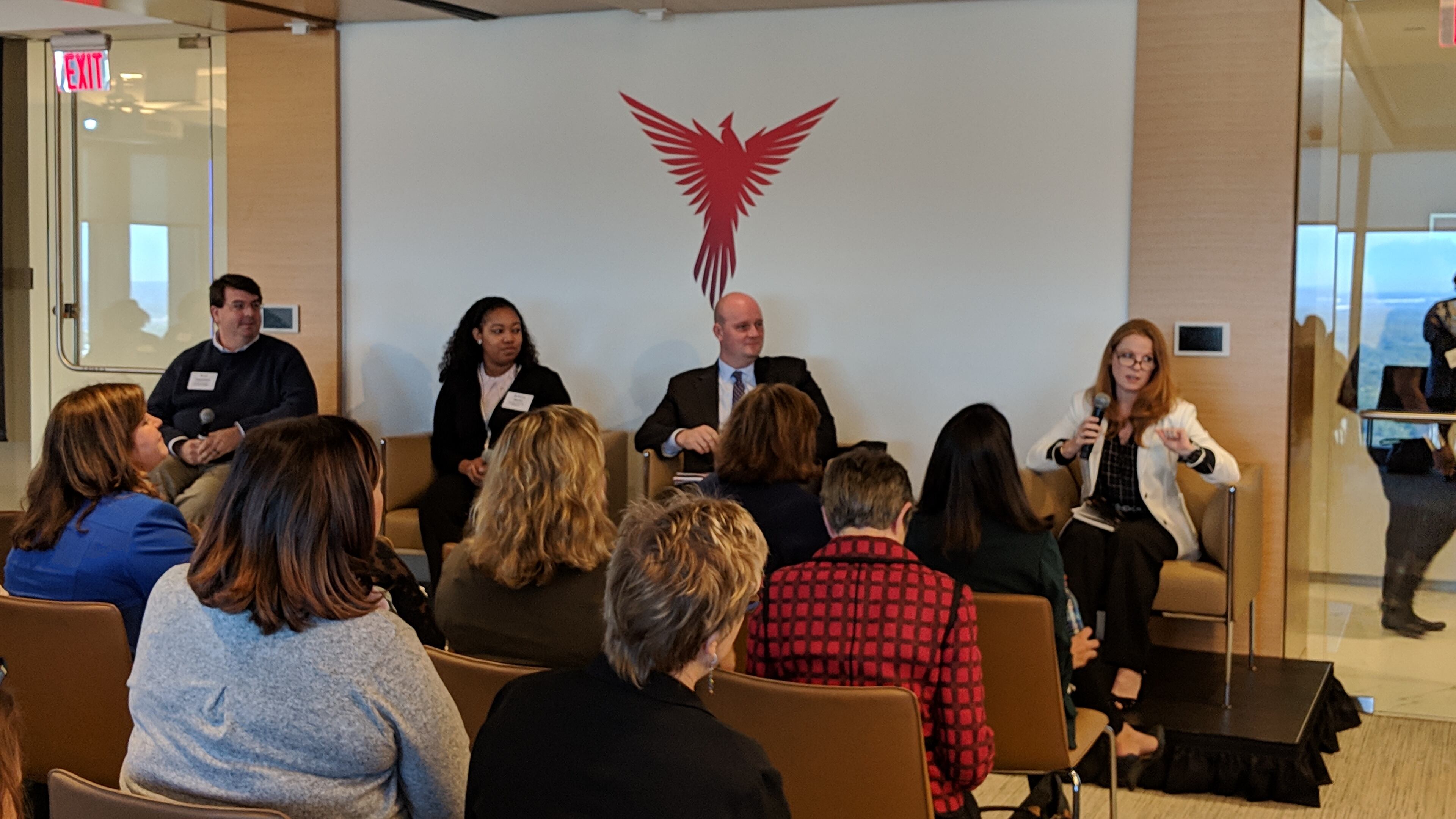 Oct 30, 2018, Atlanta -- panelists discuss child care at the Metro Atlanta Chamber. From left, Brett Copeland, of Central Georgia Technical College; Brittany Marks, a mother; Stuart Andreason, Federal Reserve Bank of Atlanta and Stephanie Blank, board chair of Georgia Early Education Alliance for Ready Students.