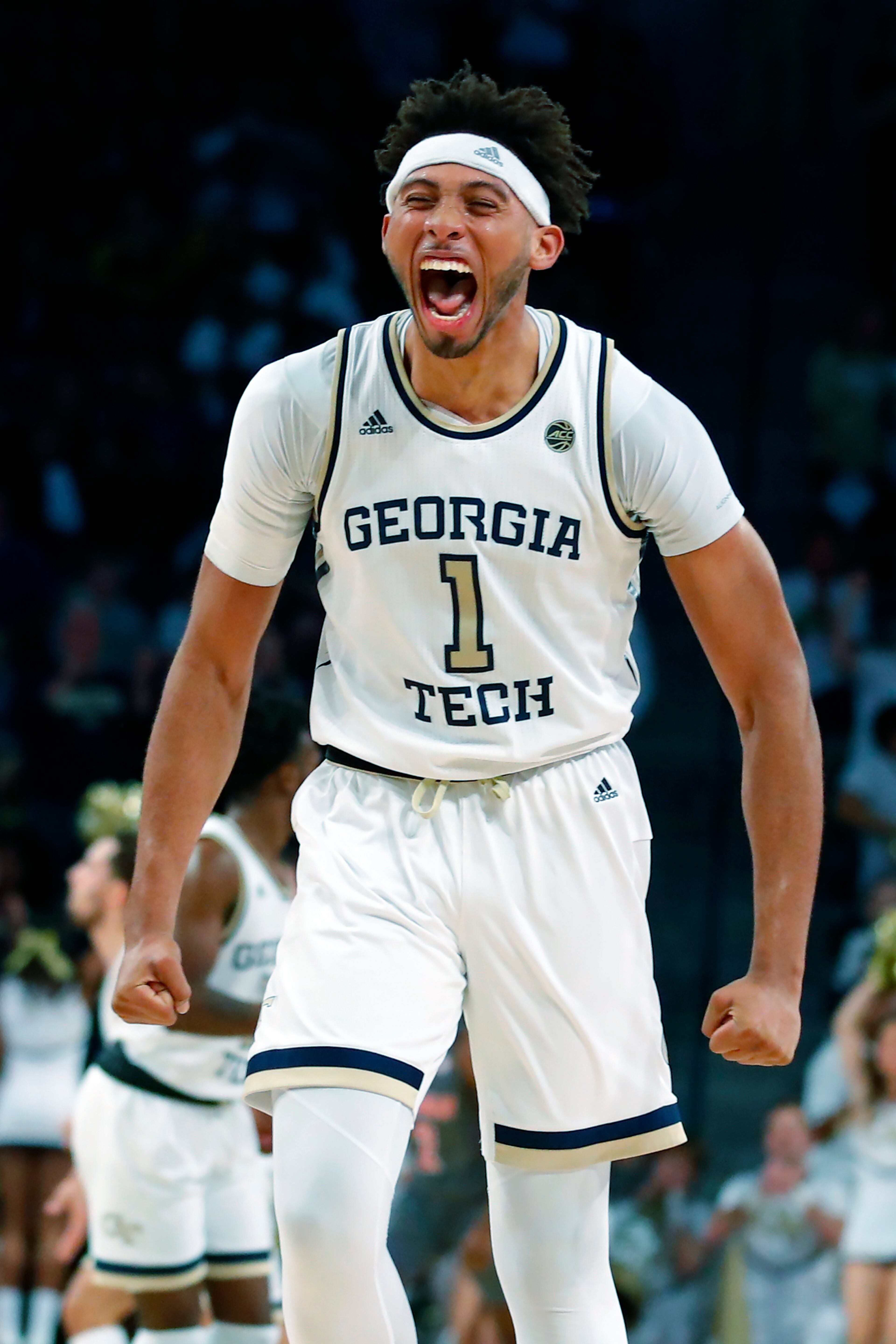 Georgia Tech forward James Banks III (1) reacts during the first half of an NCAA college basketball game against Louisville in Atlanta, Wednesday, Feb. 12, 2020. (AP Photo/Todd Kirkland)