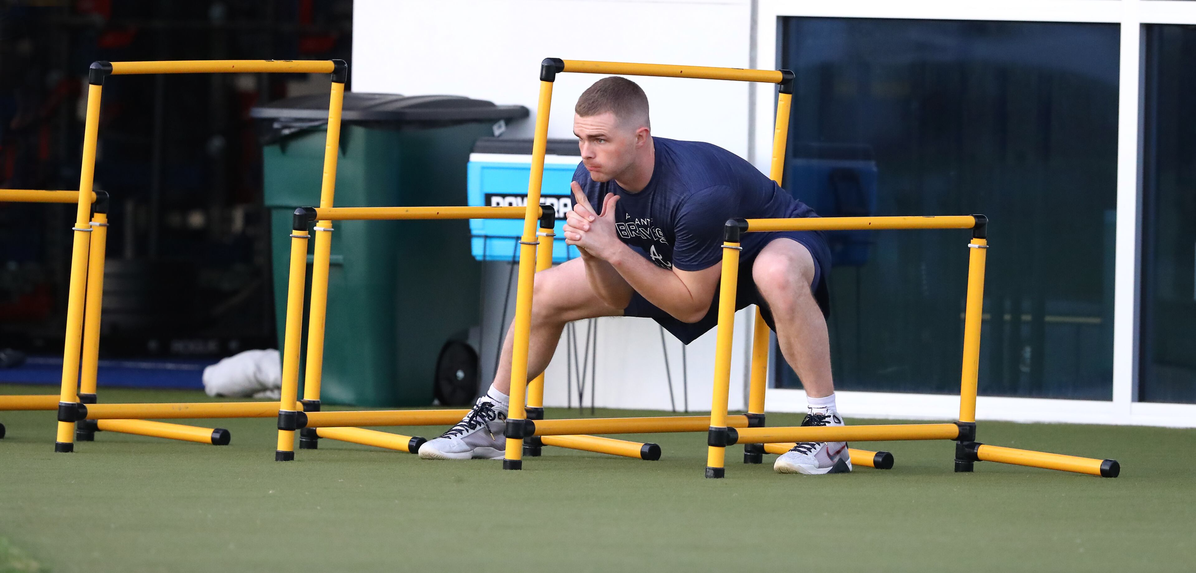 Braves pitcher Sean Newcomb works on strength and conditioning during Spring Training at CoolToday Park on Tuesday, March 15, 2022, in North Port. “Curtis Compton / Curtis.Compton@ajc.com”