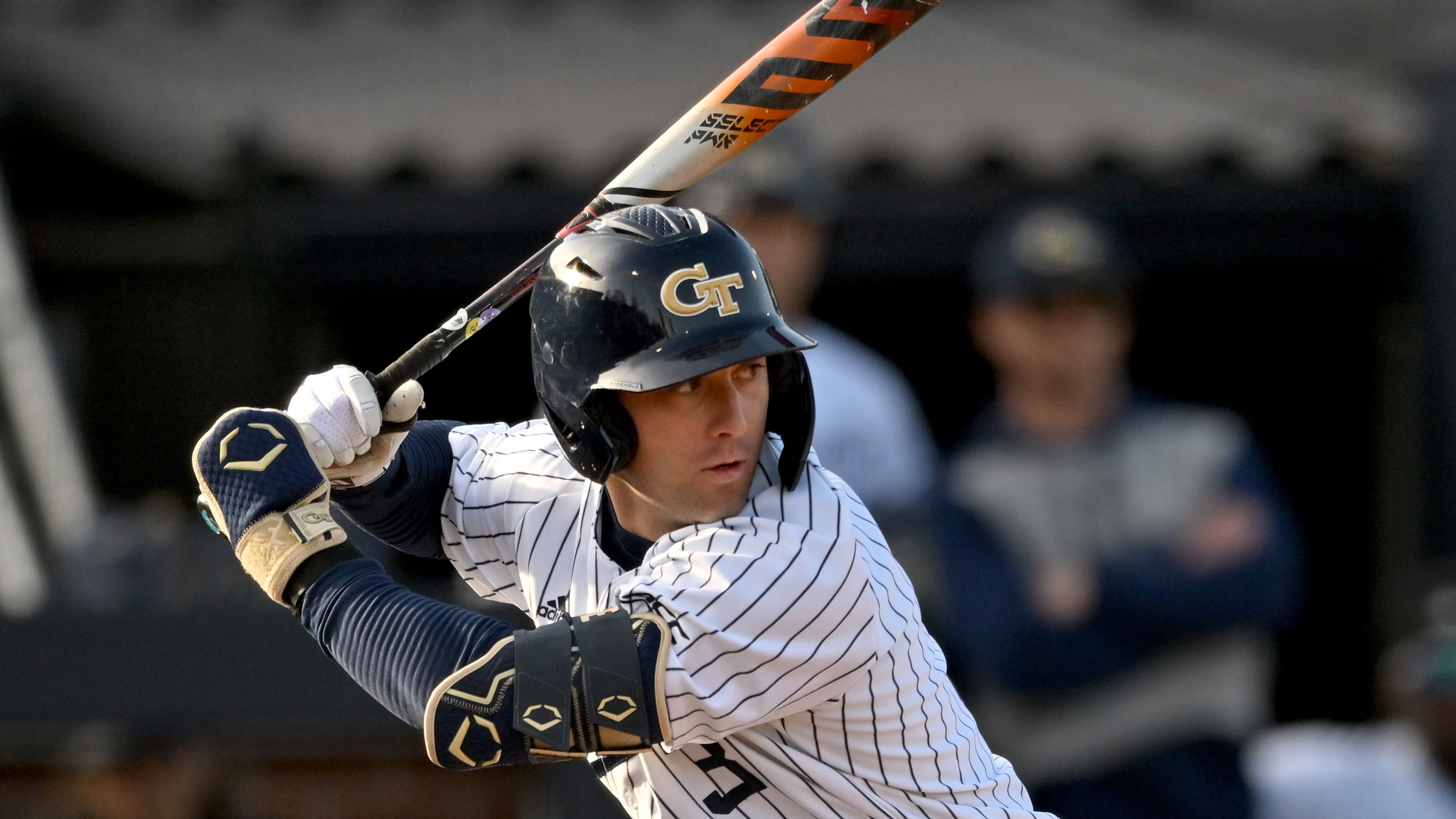 Georgia Tech infielder Carson Kerce takes an at-bat during the third inning of a baseball game at Georgia Tech’s Russ Chandler Stadium, Tuesday, Feb. 24, 2026, in Atlanta. (Hyosub Shin/AJC)