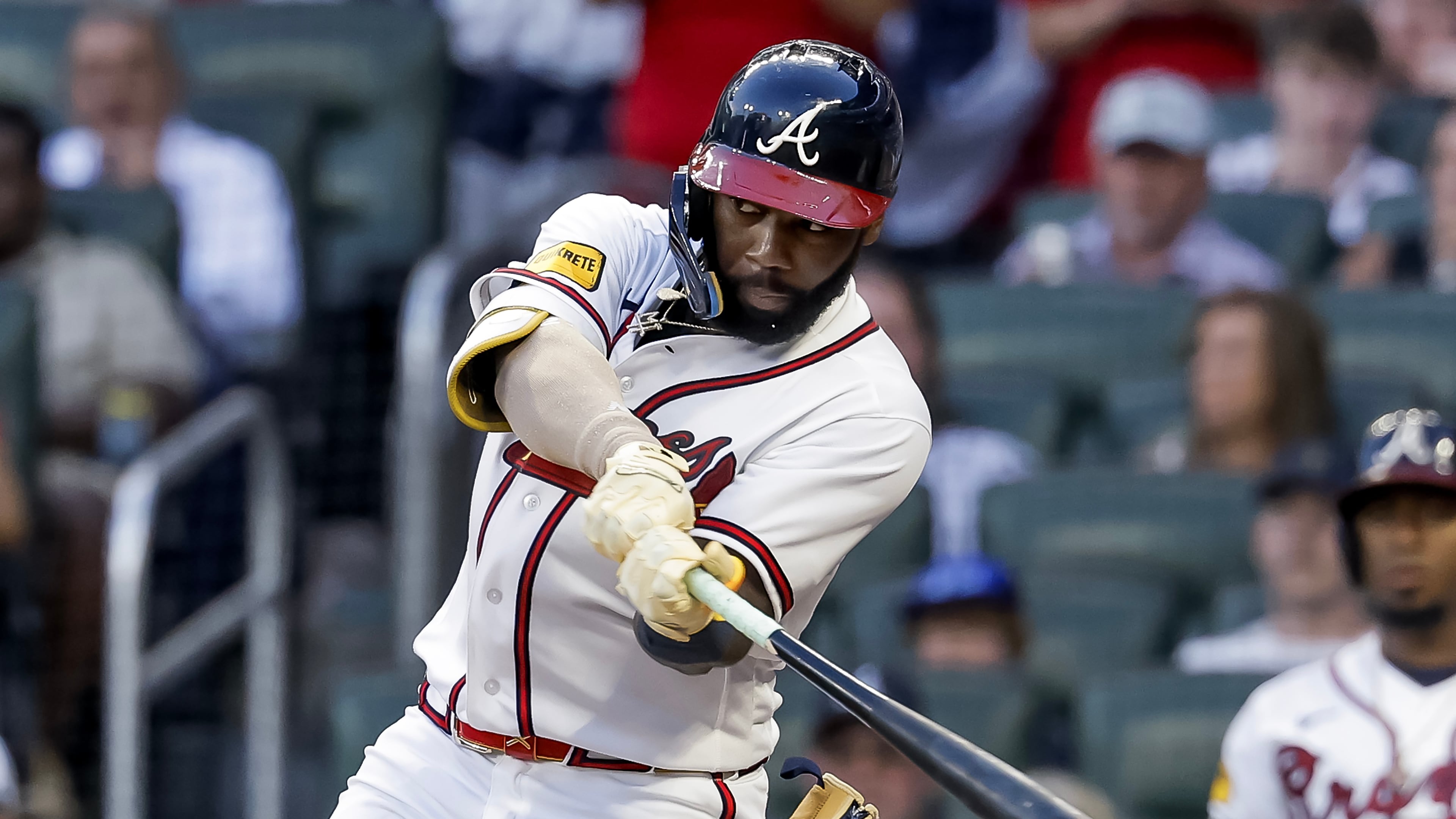 Atlanta Braves' Michael Harris II hits an RBI single against the New York Mets during the second inning of a baseball game, Monday, July 6, 2026, in Atlanta. (AP Photo/Erik S. Lesser)