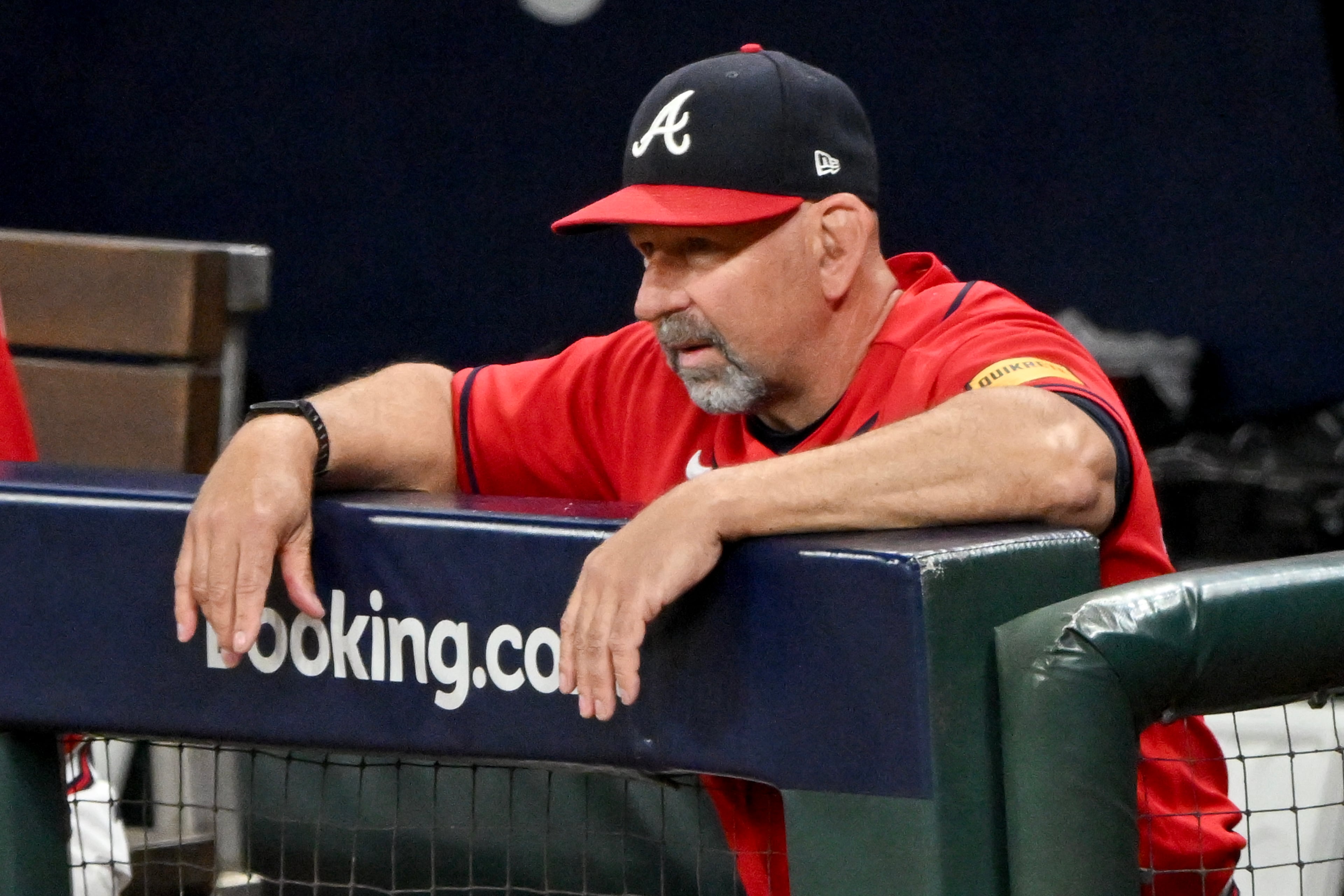 Atlanta Braves manager Walt Weiss (22) watches from the dugout during the fourth inning of Game 3 of the MLB National League Division Series between the Atlanta Braves and the Los Angeles Dodgers, Tuesday, Oct. 6, 2026, in Atlanta. (Hyosub Shin/AJC)
