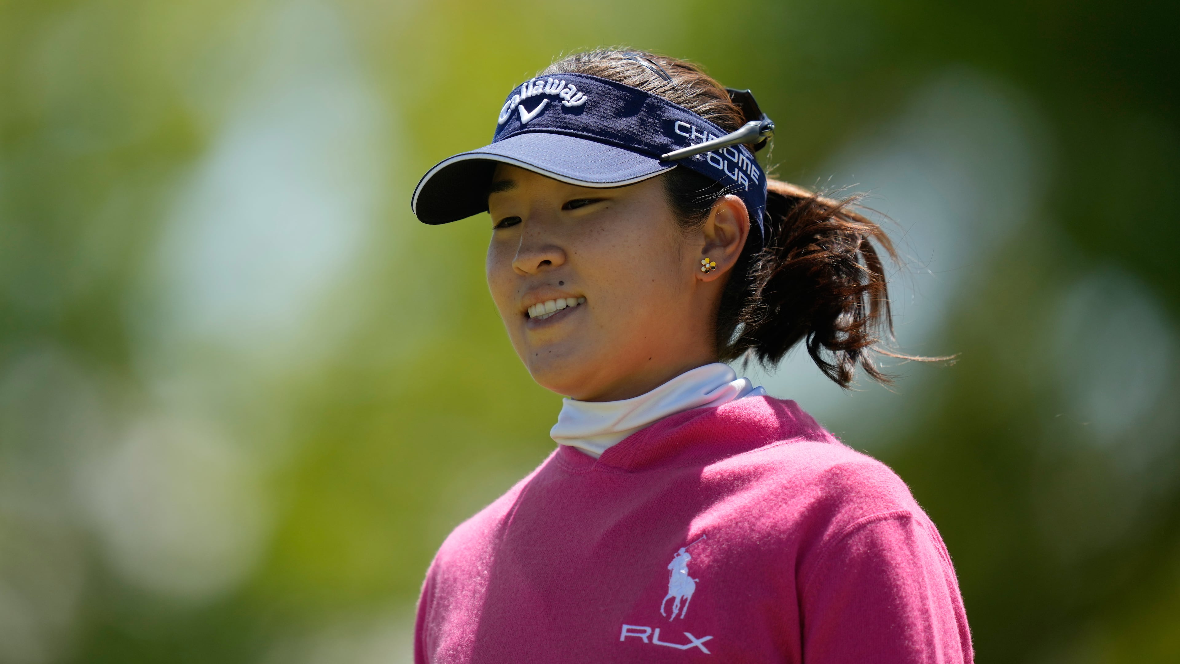 Andrea Lee reacts after sinking her putt on the ninth green during the first round of the Mizuho Americas Open LPGA golf tournament, Thursday, May 7, 2026, in West Caldwell, N.J. (AP Photo/Seth Wenig)