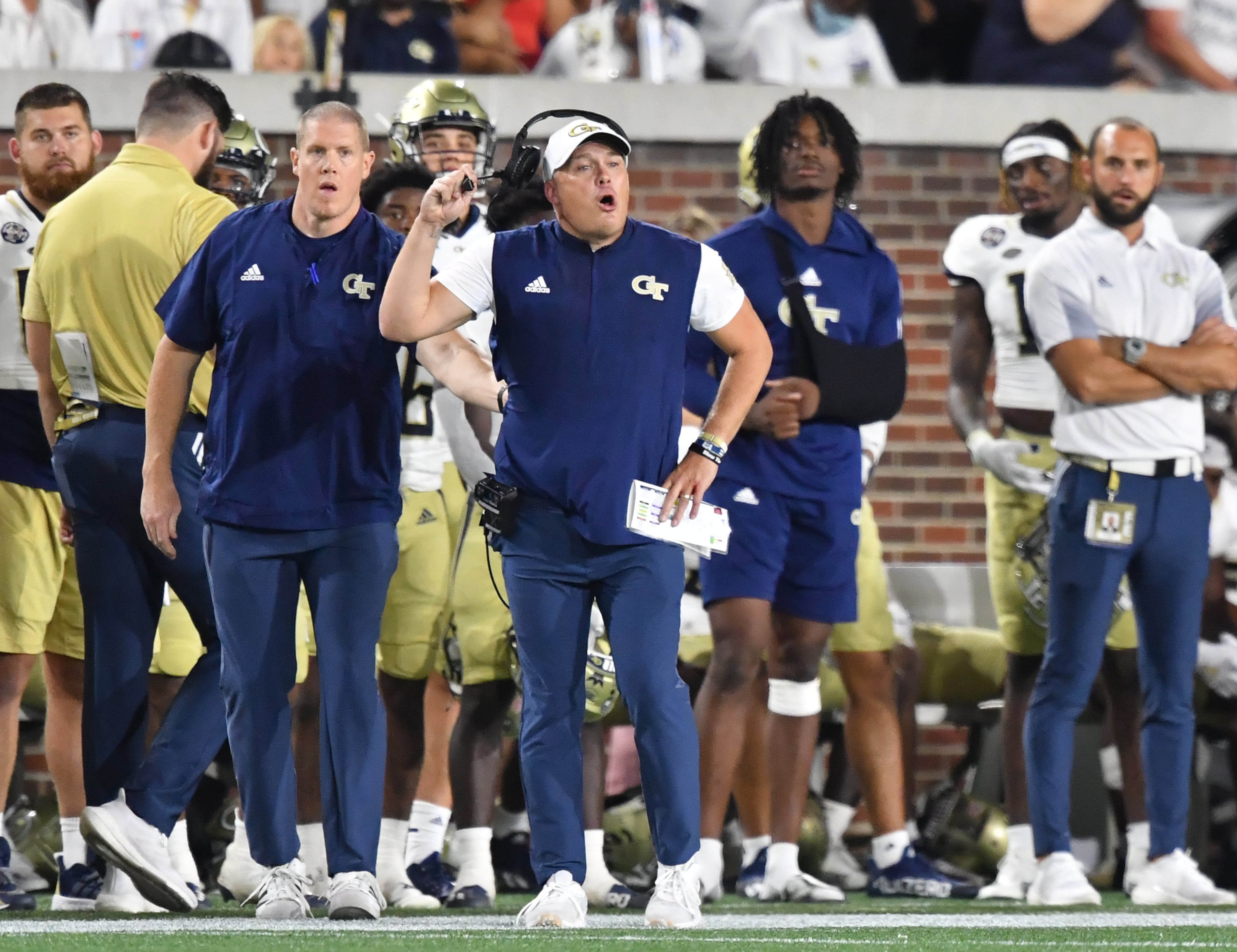 September 4, 2021 Atlanta - Georgia Tech's head coach Geoff Collins shouts instructions during the second half of an NCAA college football game at Georgia Tech's Bobby Dodd Stadium in Atlanta on Saturday, September 4, 2021. Northern Illinois won 22-21 over Georgia Tech(Hyosub Shin / Hyosub.Shin@ajc.com)