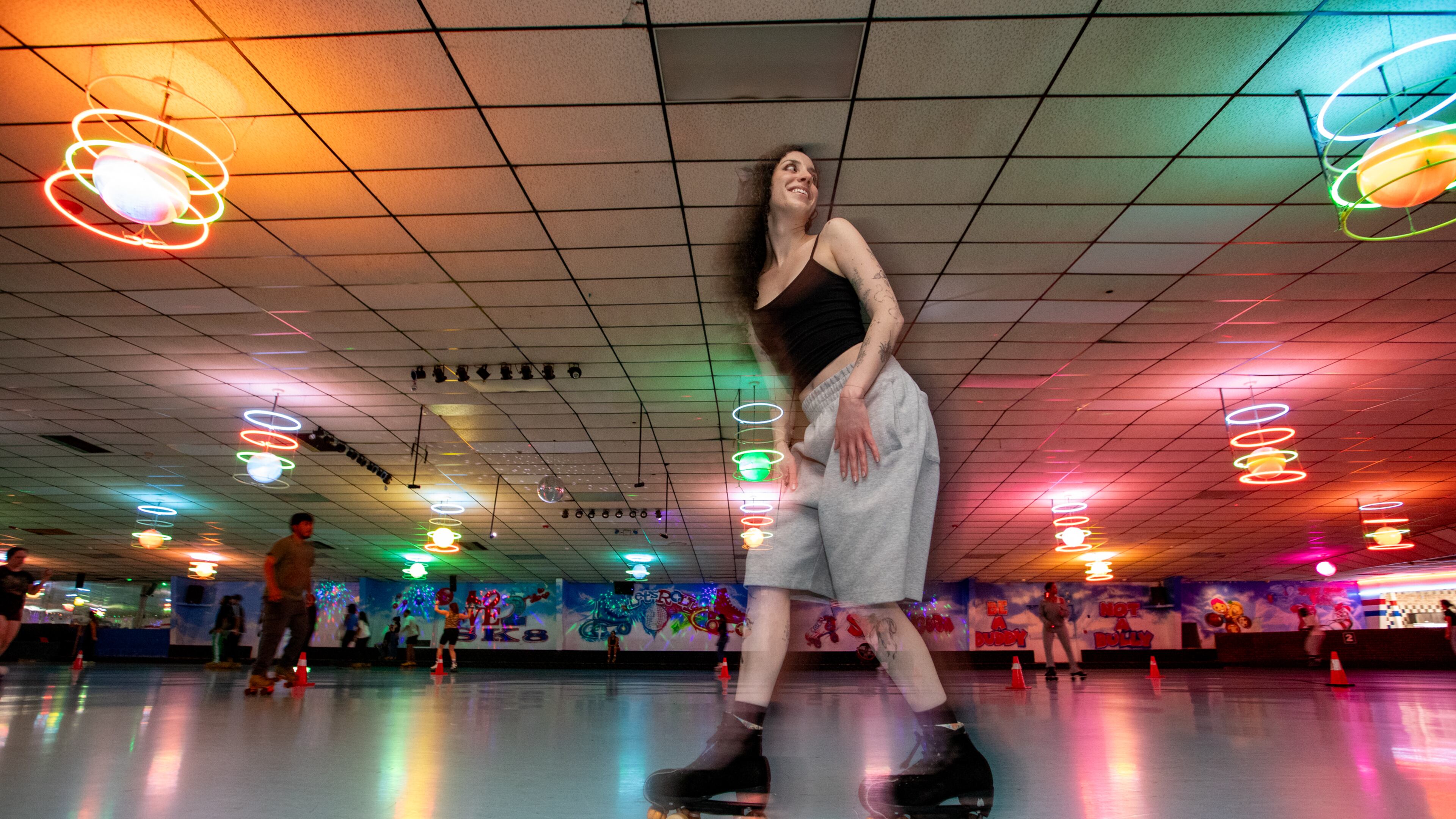 Haley Overend enjoys second to last adult night at Skate Along USA in Lilburn, Wednesday, Aug 13, 2025. The roller skating rink will close permanently on Aug 24 after 47 years in business. (Jenni Girtman for the AJC)
