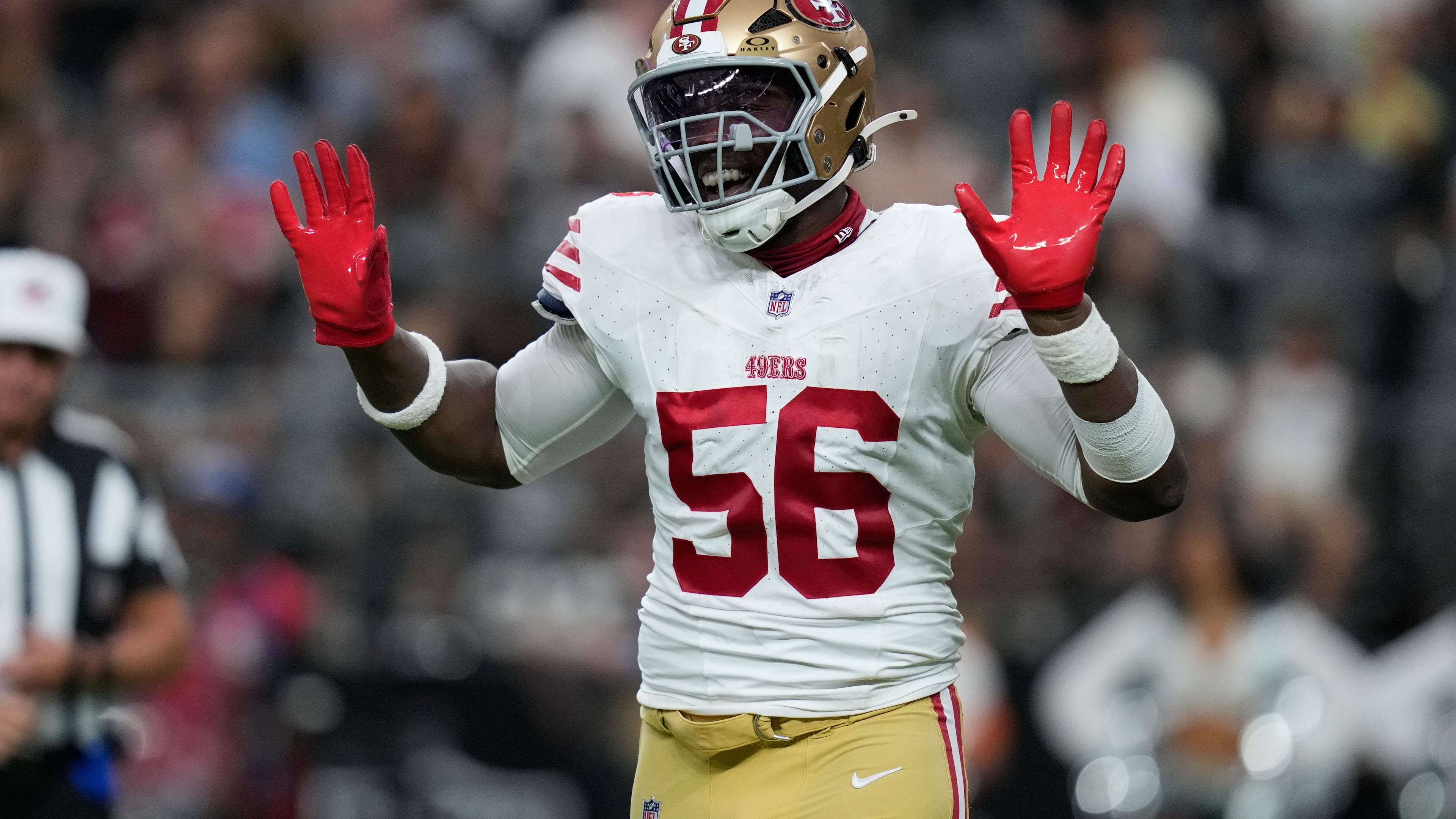 San Francisco 49ers defensive end Keion White celebrates after a sack during the first half of an NFL preseason football game against the Las Vegas Raiders, Thursday, Aug. 27, 2026}, in Las Vegas. (AP Photo/John Locher)