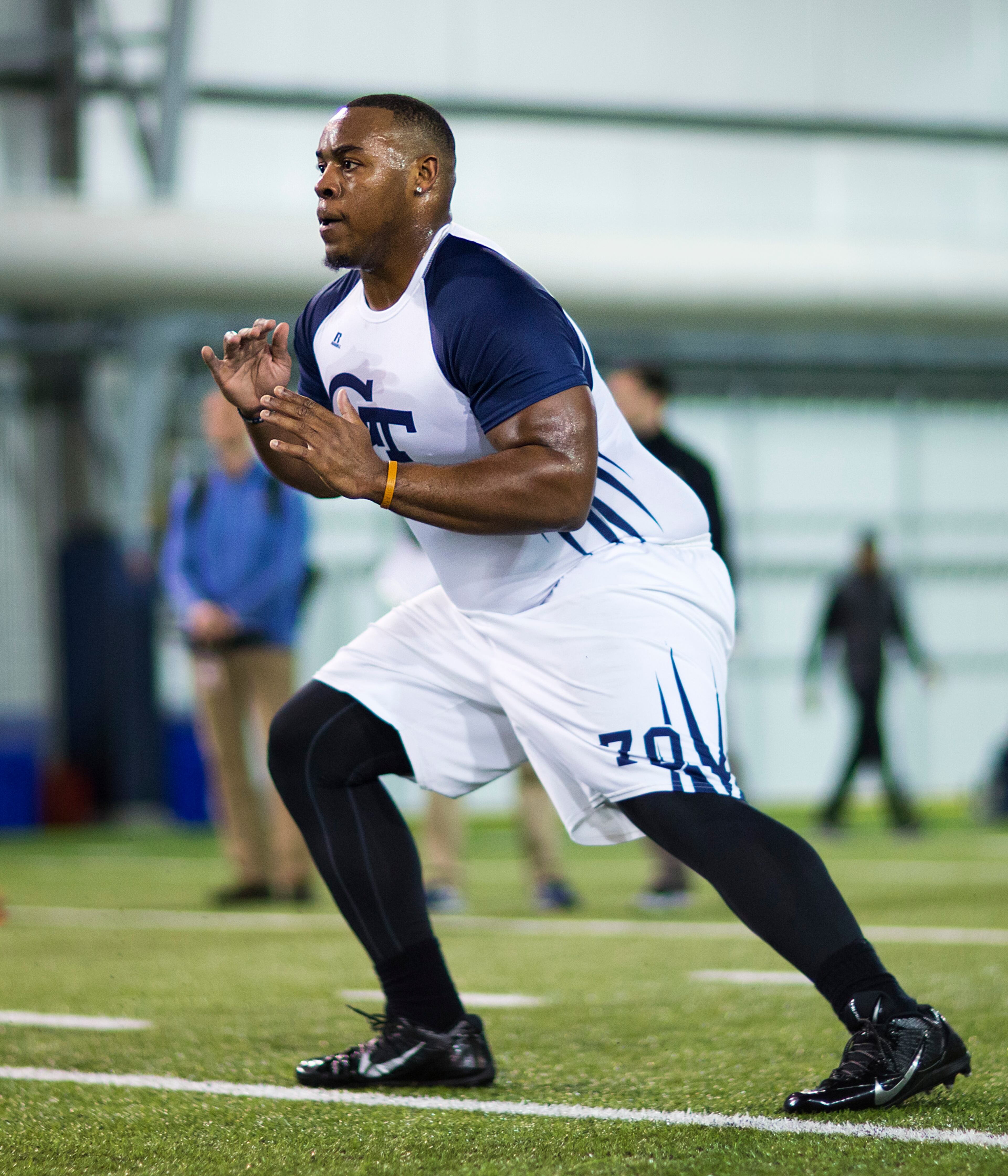 Shaquille Mason runs a football drill during NFL Pro Day at Georgia Tech Friday, March 13, 2015, in Atlanta. (AP Photo/David Goldman)