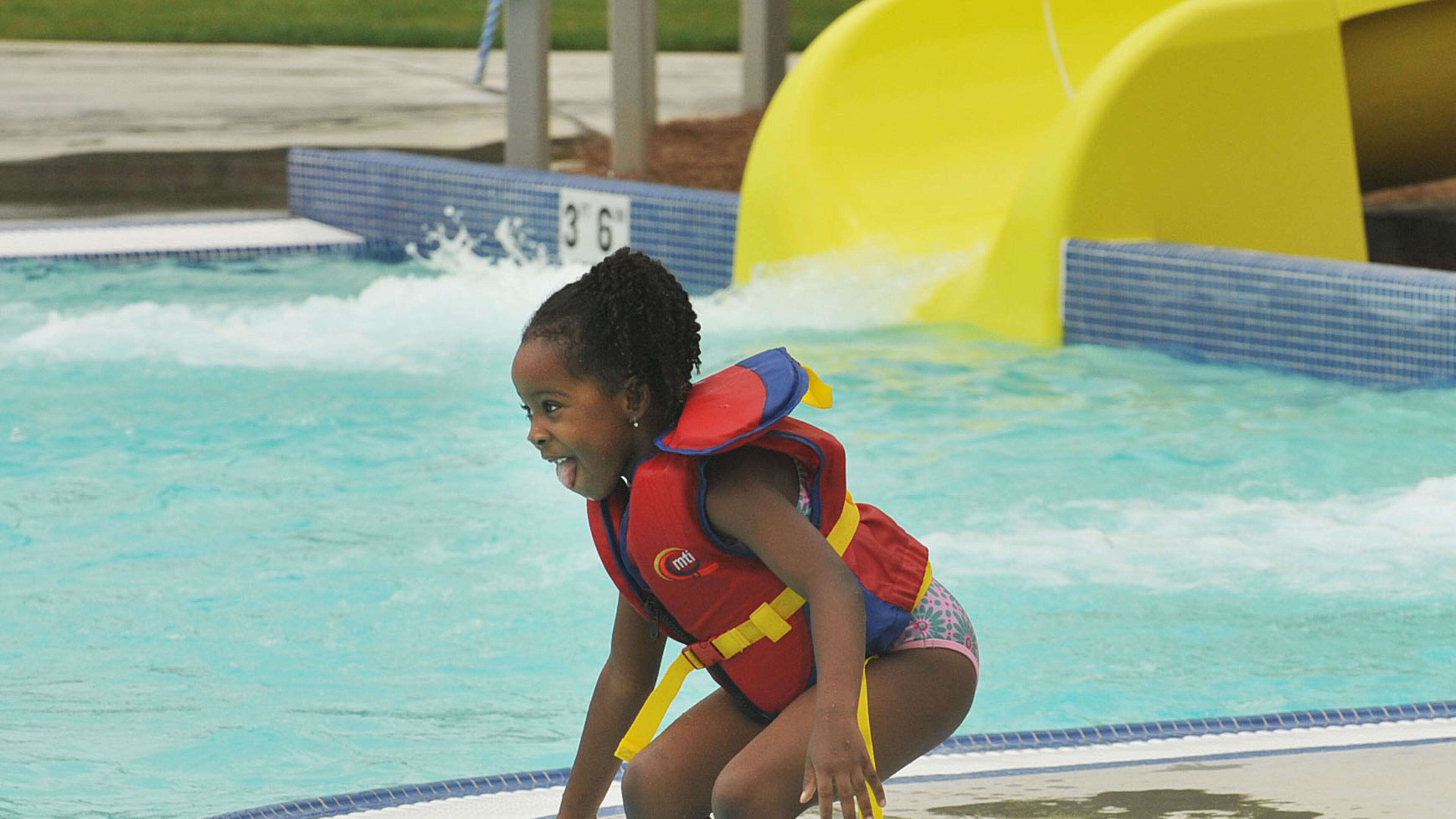 JUNE 4, 2015 POWDER SPRINGS Addison Wells, 5 of Powder Springs, gets set to splash around in the Seven Springs Water Park in Powder Springs, Thursday, June 4, 2015. This is a new water park which had to undergo initial inspection before opening. Hundreds of swimming pools in metro Atlanta have failed inspections in recent months for health violations, according to data collected and analyzed by The Atlanta Journal-Constitution. Inspectors found algae blooms in some pools. Others contained no chlorine. Another had become home to a colony of frogs. KENT D. JOHNSON /KDJOHNSON@AJC.COM