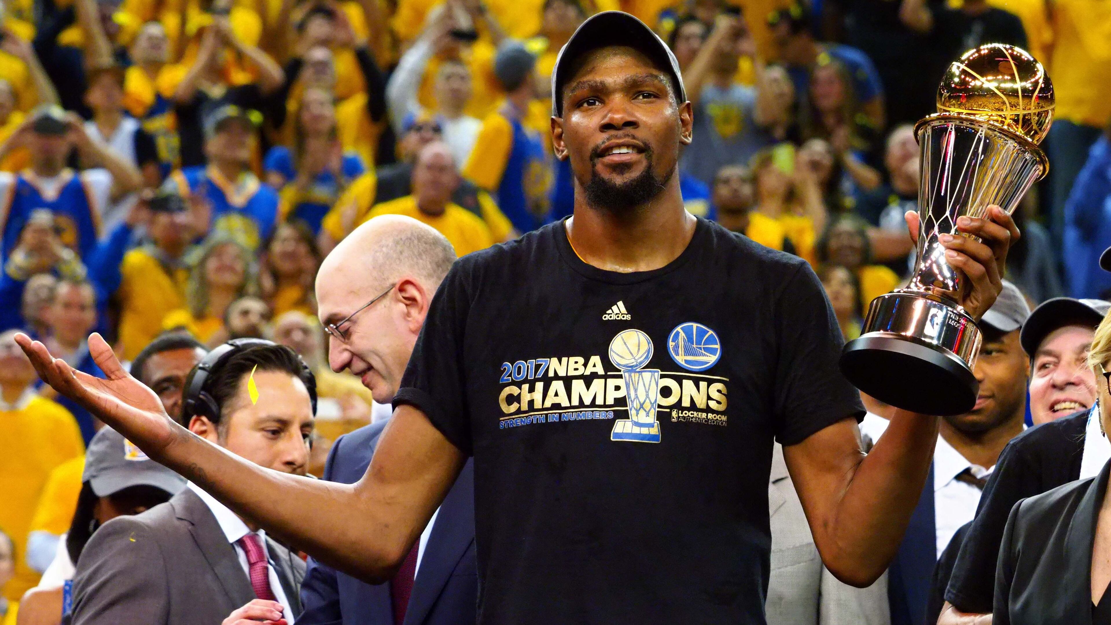 Golden State Warriors forward Kevin Durant (35) celebrates after winning the NBA Fianls MVP in game five of the 2017 NBA Finals at Oracle Arena.