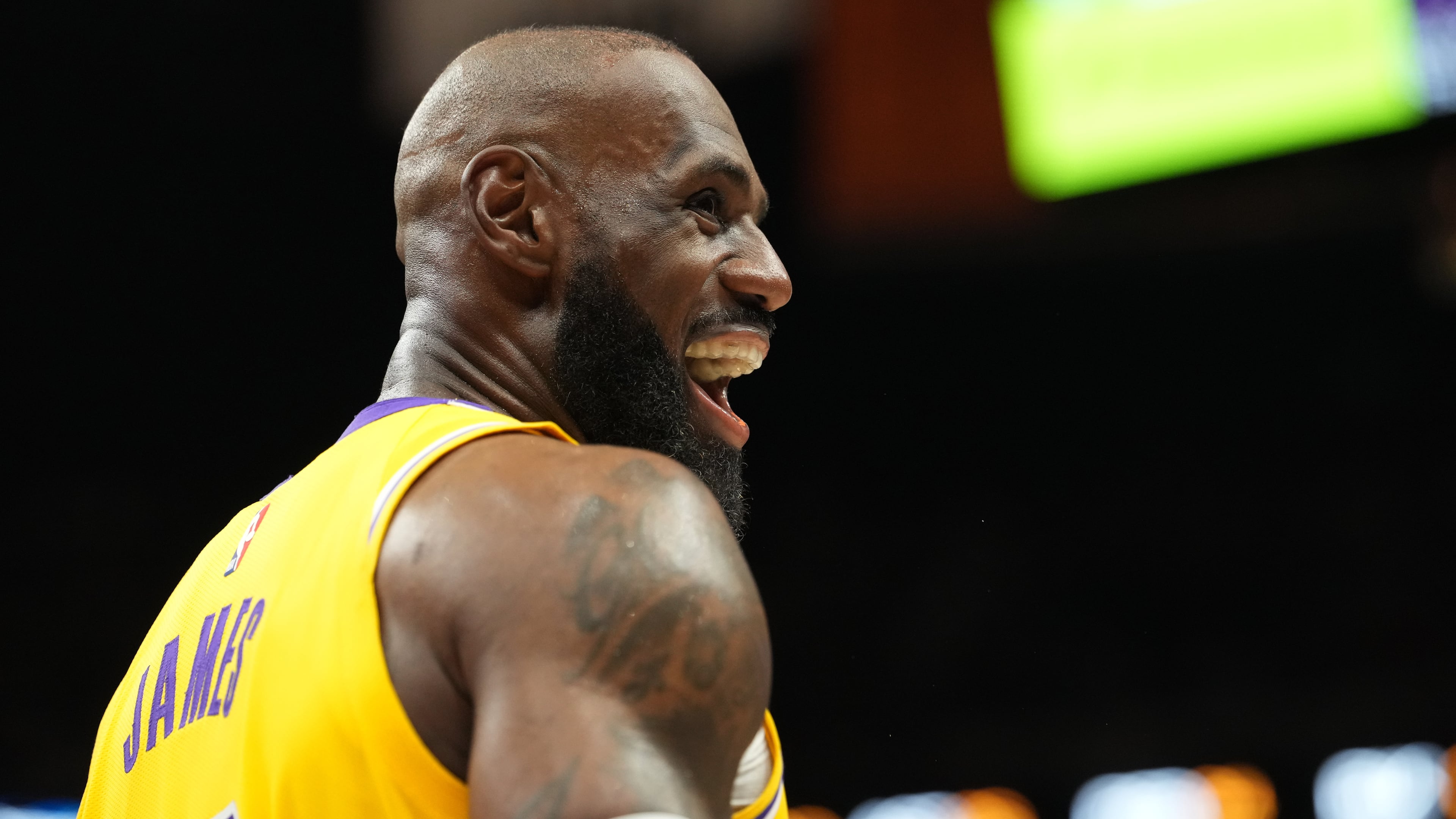 Los Angeles Lakers forward LeBron James smiles during the second half of an NBA basketball game against the Miami Heat, Thursday, March 19, 2026, in Miami. (AP Photo/Lynne Sladky)