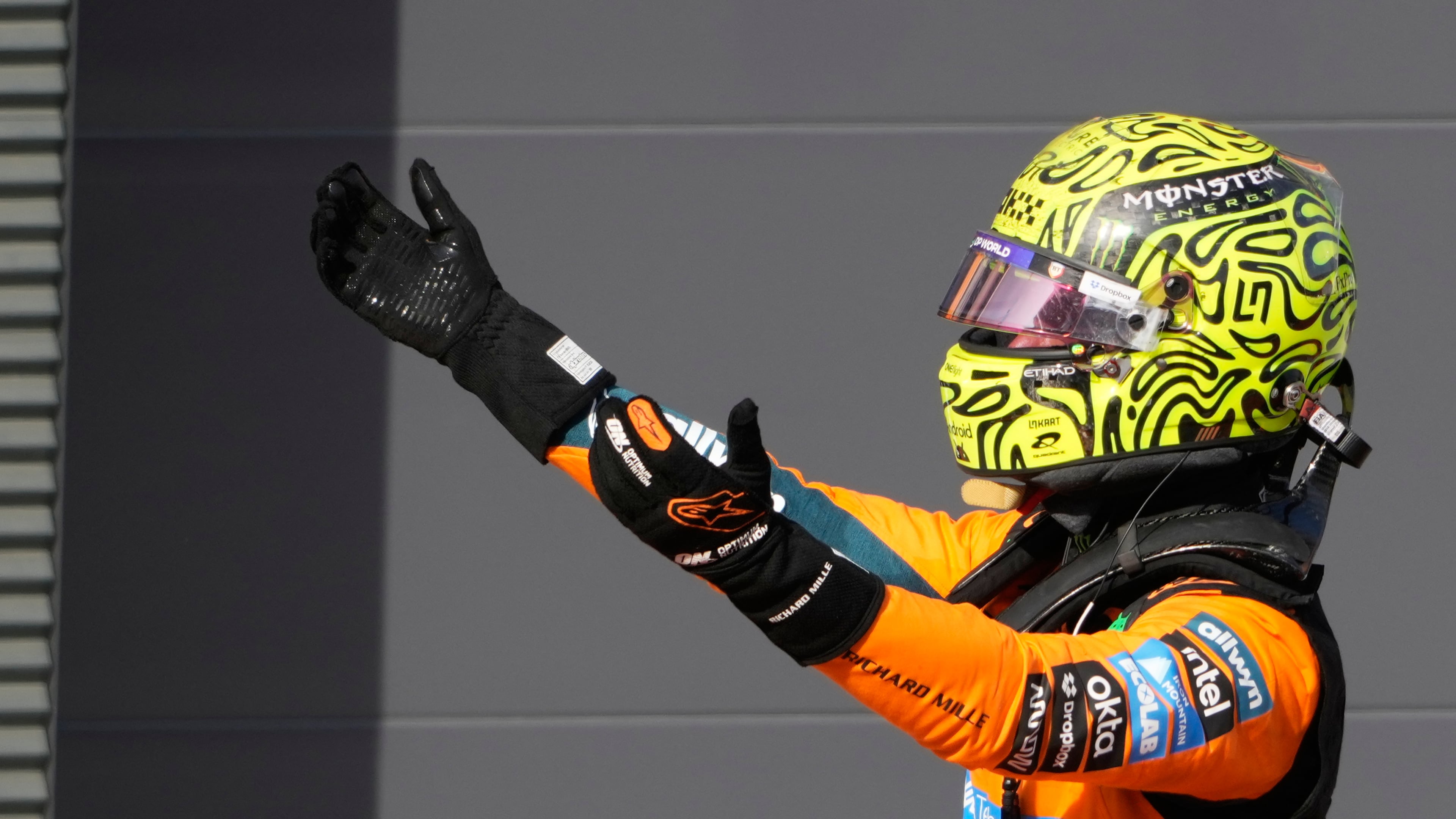 McLaren driver Lando Norris of Britain celebrates after winning the Formula One Hungarian Grand Prix auto race, at the Hungaroring racetrack in Mogyorod, near Budapest, Hungary, Sunday, July 26, 2026. (AP Photo/Darko Bandic)