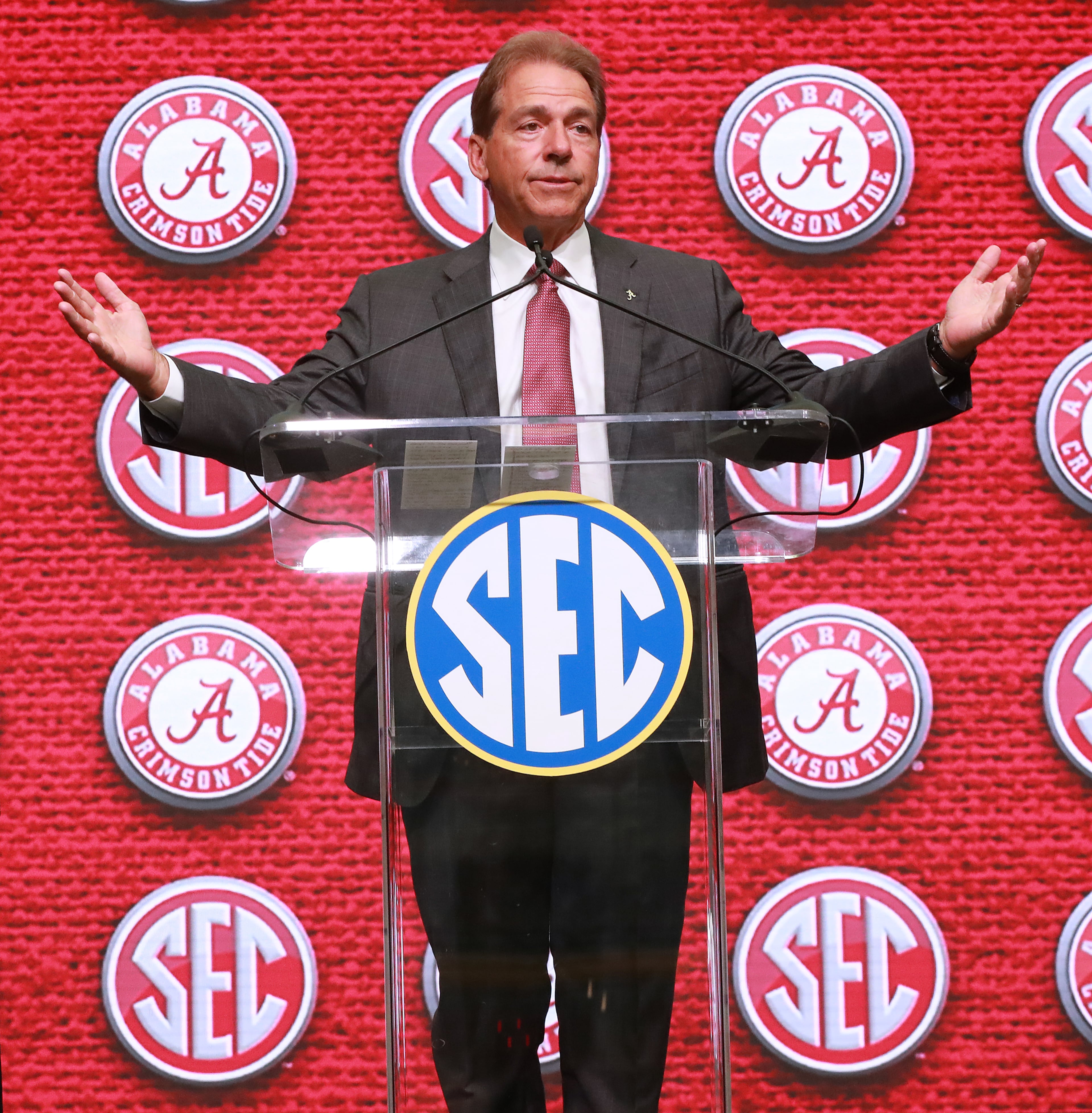 Alabama head coach Nick Saban holds his SEC Media Days press conference at the College Football Hall of Fame on Wednesday, July 18, 2018, in Atlanta. Curtis Compton/ccompton@ajc.com
