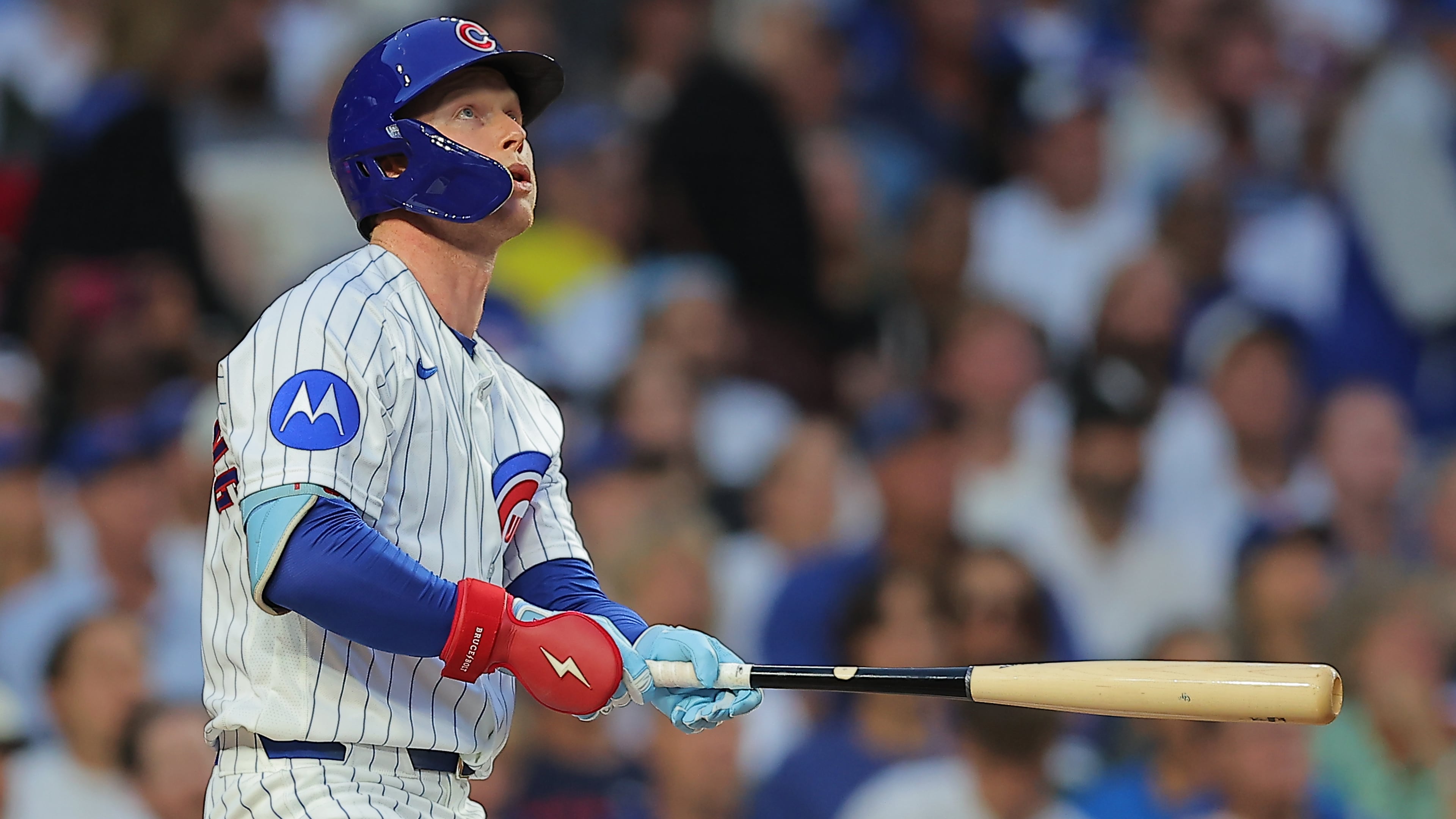 Chicago Cubs' Pete Crow-Armstrong watches his home run during the first inning of a baseball game against the Chicago White Sox, Tuesday, Aug. 18, 2026, in Chicago. (AP Photo/Melissa Tamez)