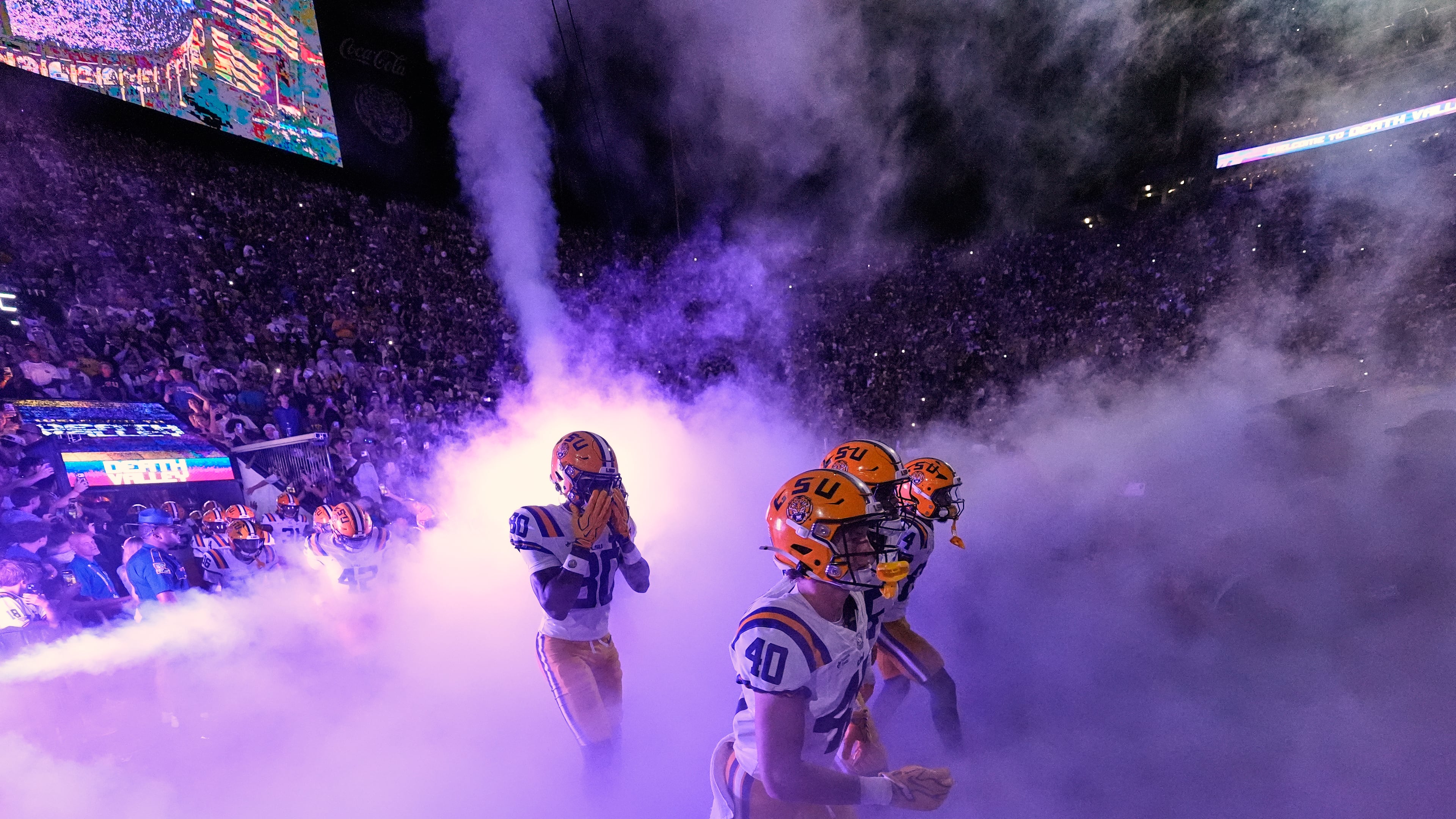 LSU takes to the field before an NCAA college football game against Clemson, Saturday, Sept. 5, 2026 in Baton Rouge, La. (AP Photo/Gerald Herbert)