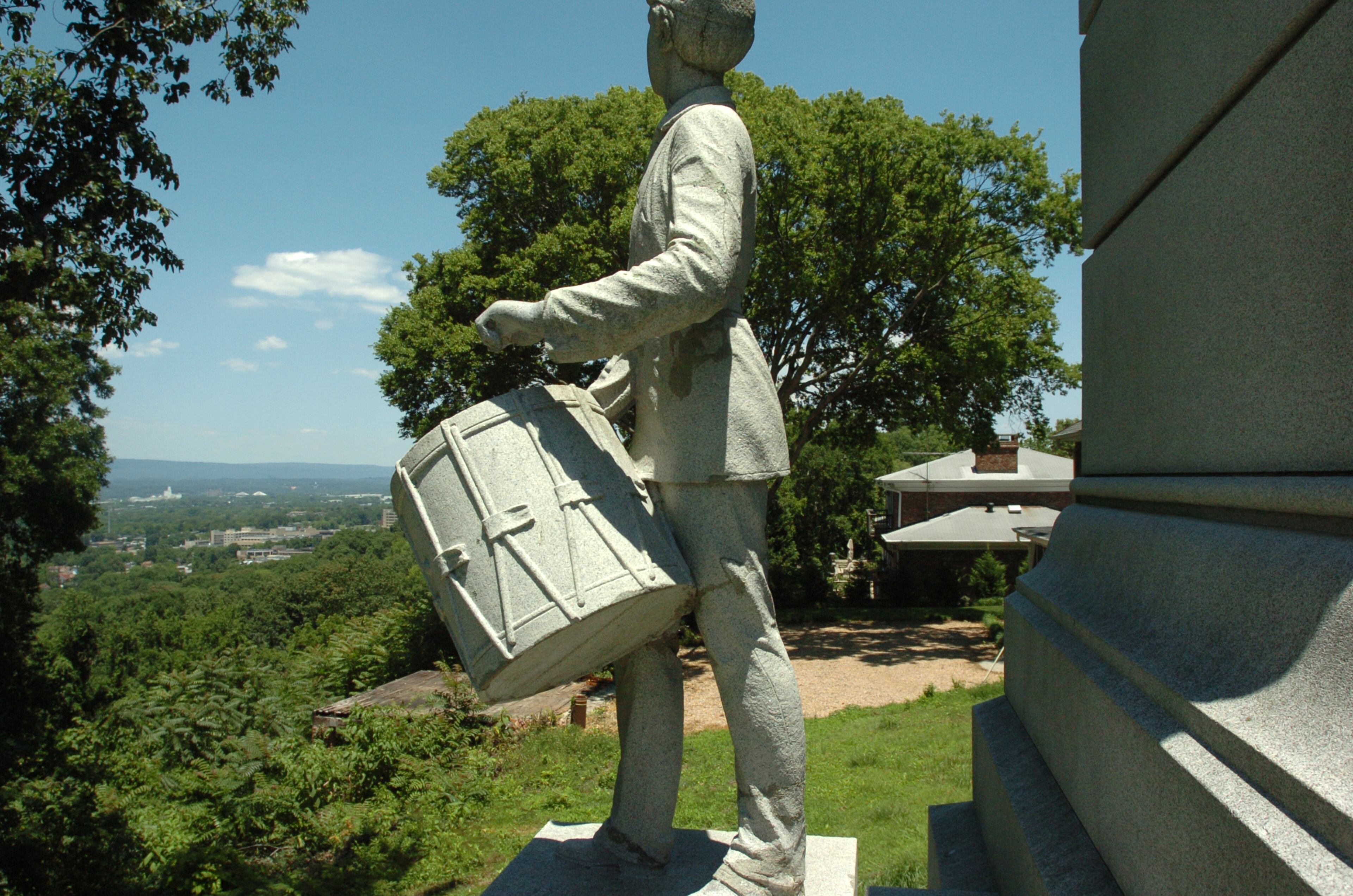 The right hand of the Drummer Boy is missing at the Ohio Monument on Missionary Ridge near the Chickamauga Battlefield of the Chickamauga and Chattanooga National Military Park in Fort Oglethorpe, Ga. As the Civil War raged in 1863, the Tennessee-Georgia border saw two crucial battles at Chickamauga in Georgia and later in Chattanooga, Tennessee. Though the Confederates won Chickamauga, Union forces were victorious in Chattanooga. To reach the Chickamauga Battlefield Visitor Center, please use the following address: 3370 LaFayette Road, Fort Oglethorpe, GA 30742. To reach the Lookout Mountain Battlefield Visitor Center, please use the following address: 110 Point Park Road, Lookout Mountain, TN 37350. -- Information from NPS.gov