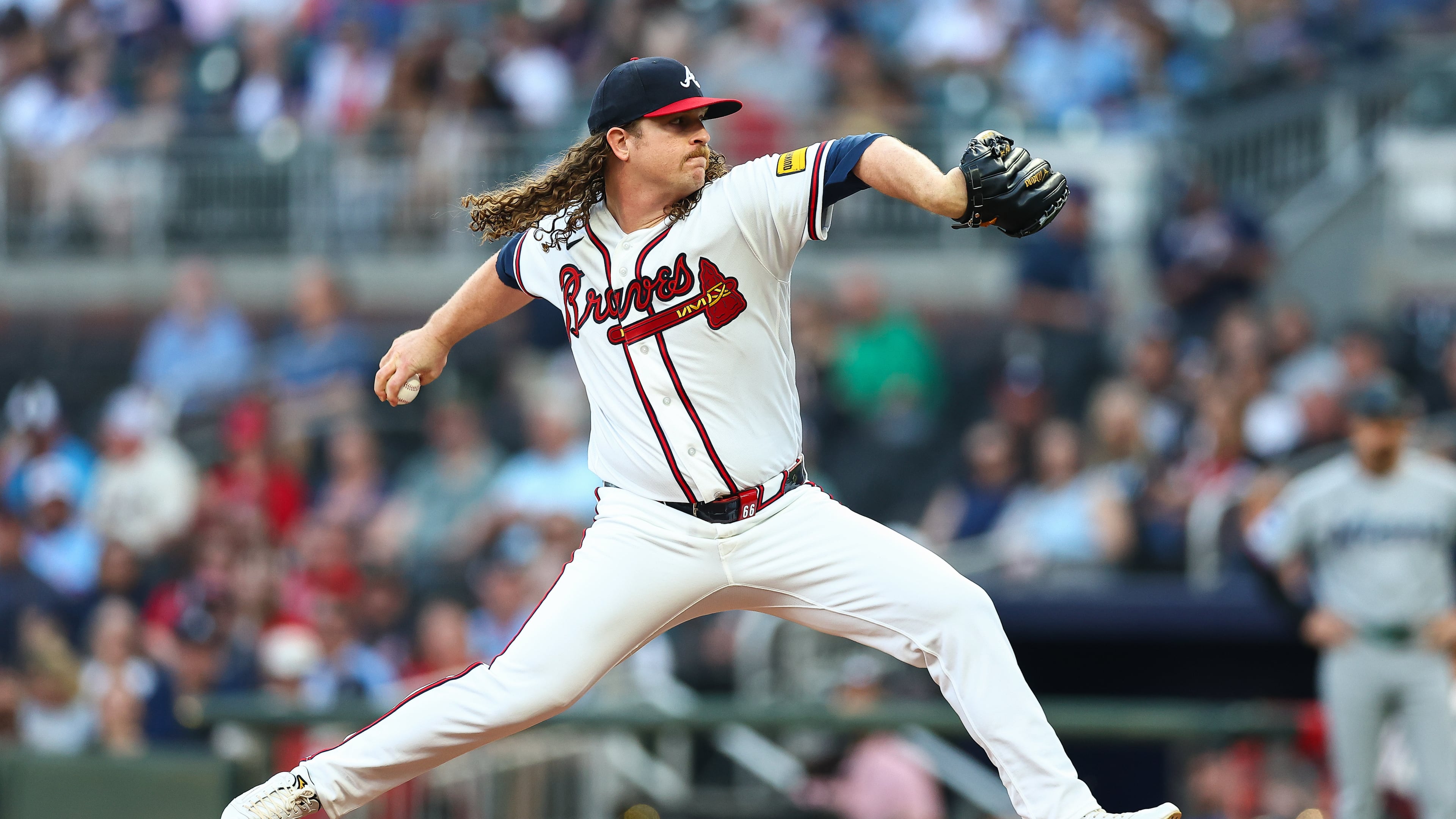Braves pitcher Grant Holmes delivers in the first inning against the Miami Marlins on April 13, 2026 in Atlanta. He was perfect through the first three innings, then trouble started. (Colin Hubbard/AP)