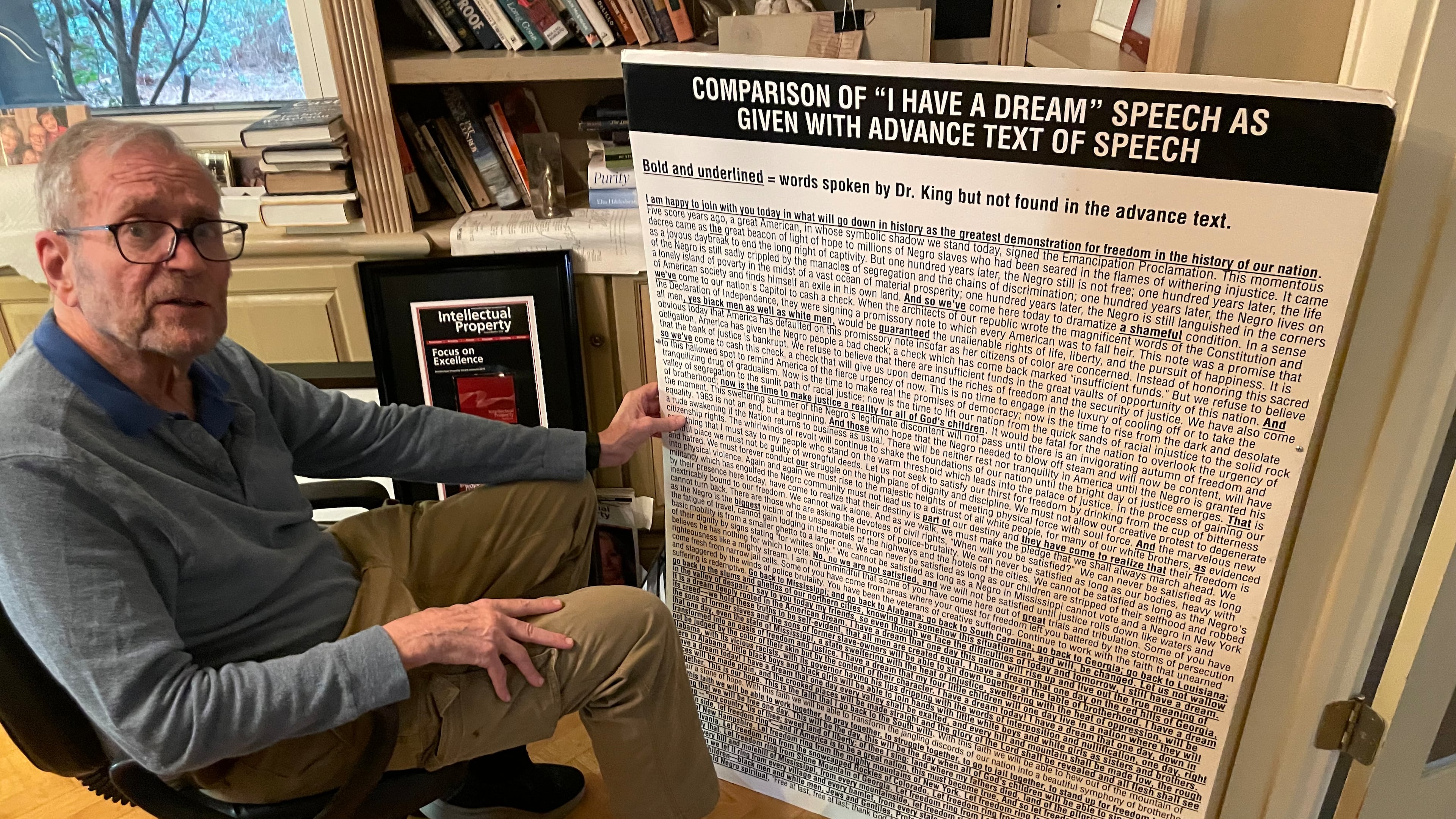Attorney Joe Beck with a chart he created for a lawsuit to show that the Rev. Martin Luther King Jr. ad-libbed much of his famous "I Have a Dream" speech.
