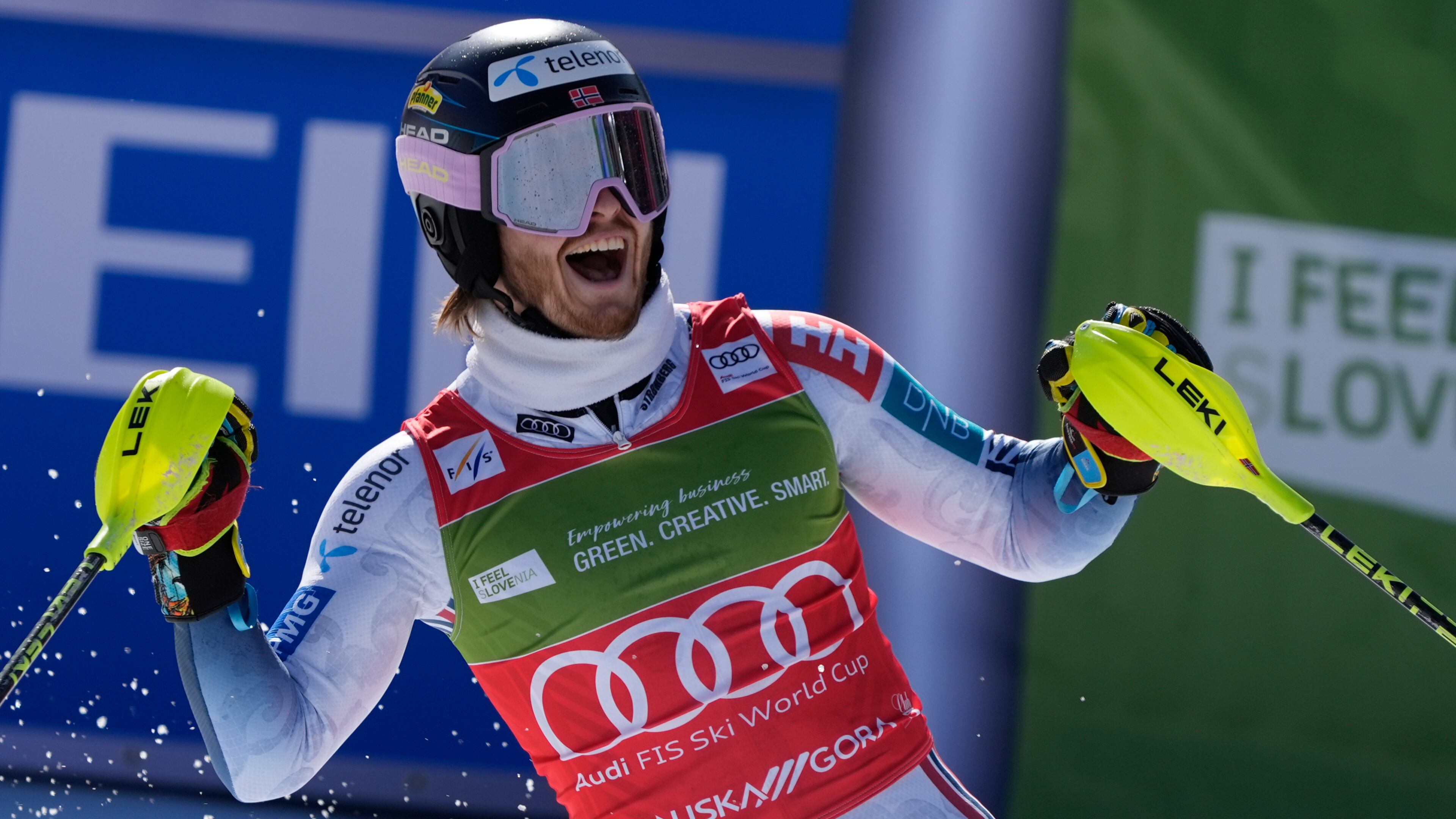 Norway's Atle Lie McGrath celebrates winning an alpine ski, men's World Cup slalom, in Kranjska Gora, Slovenia, Sunday, March 8, 2026. (AP Photo/Giovanni Auletta)