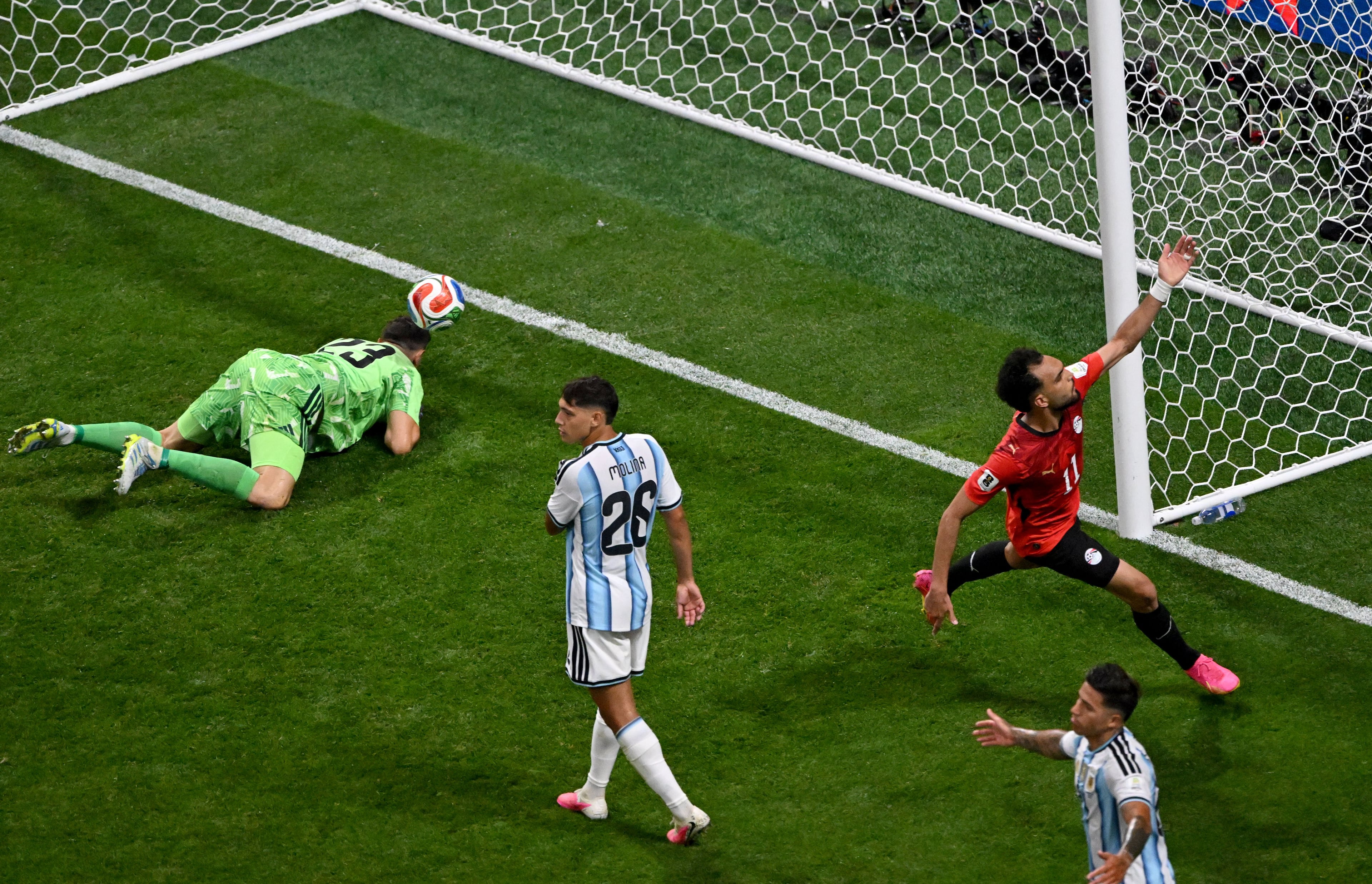 Egypt midfielder Mostafa Ziko (11) makes a shot on goal during the second half of the Argentina vs. Egypt FIFA World Cup game on Tuesday, July 7, 2026, in Atlanta. Argentina won 3-2 over Egypt. (Hyosub Shin/AJC)