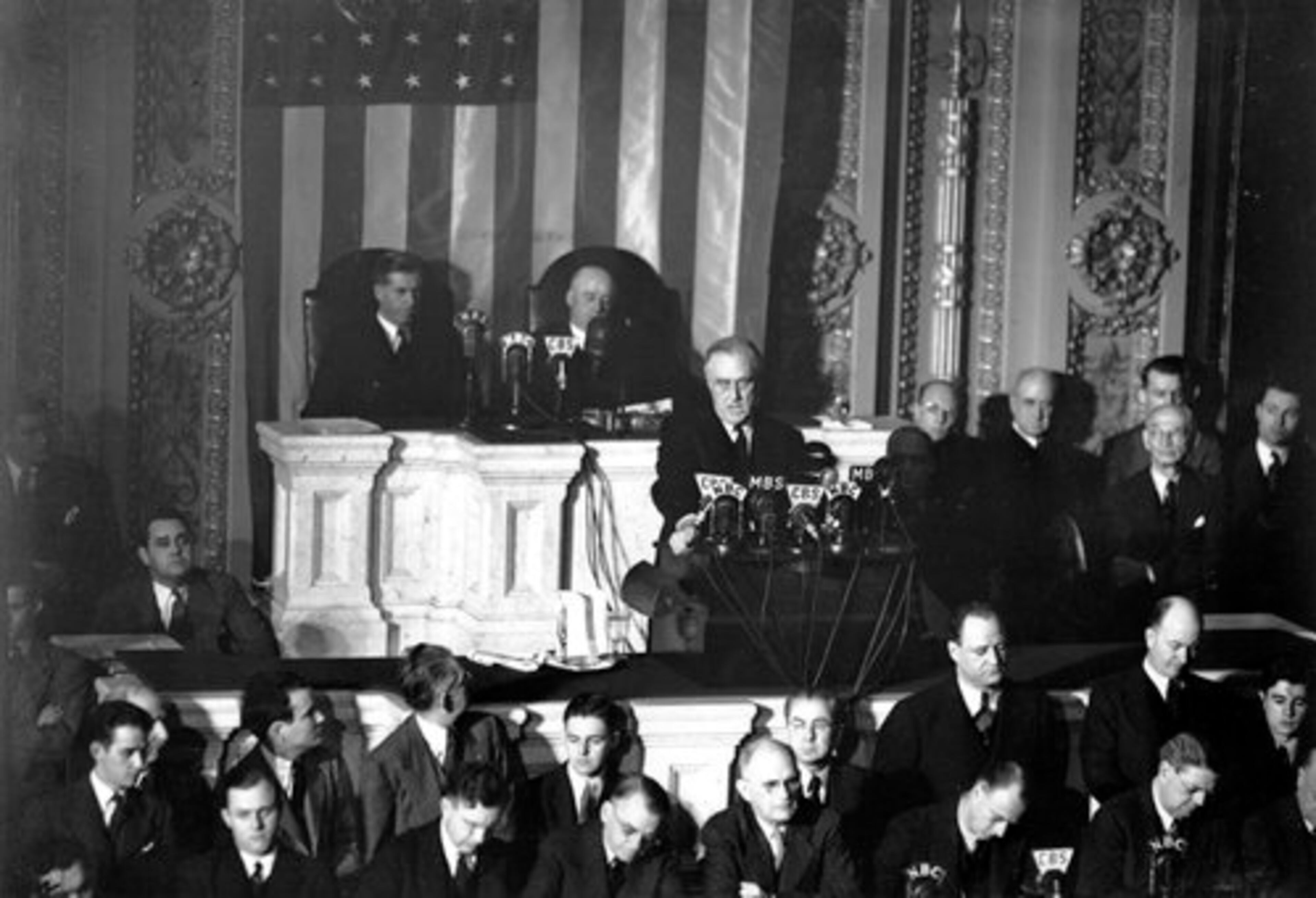 President Franklin D. Roosevelt appears before a joint session of Congress appealing for a declaration of war against Japan in Washington D.C. in this Dec. 8, 1941 file photo. "Yesterday, December 7, 1941--a date which will live in infamy--the United States of America was suddenly and deliberately attacked by naval and air forces of the Empire of Japan. The Senate voted for war against Japan by 82 to 0, and the House of Representatives approved the resolution by a vote of 388 to 1.