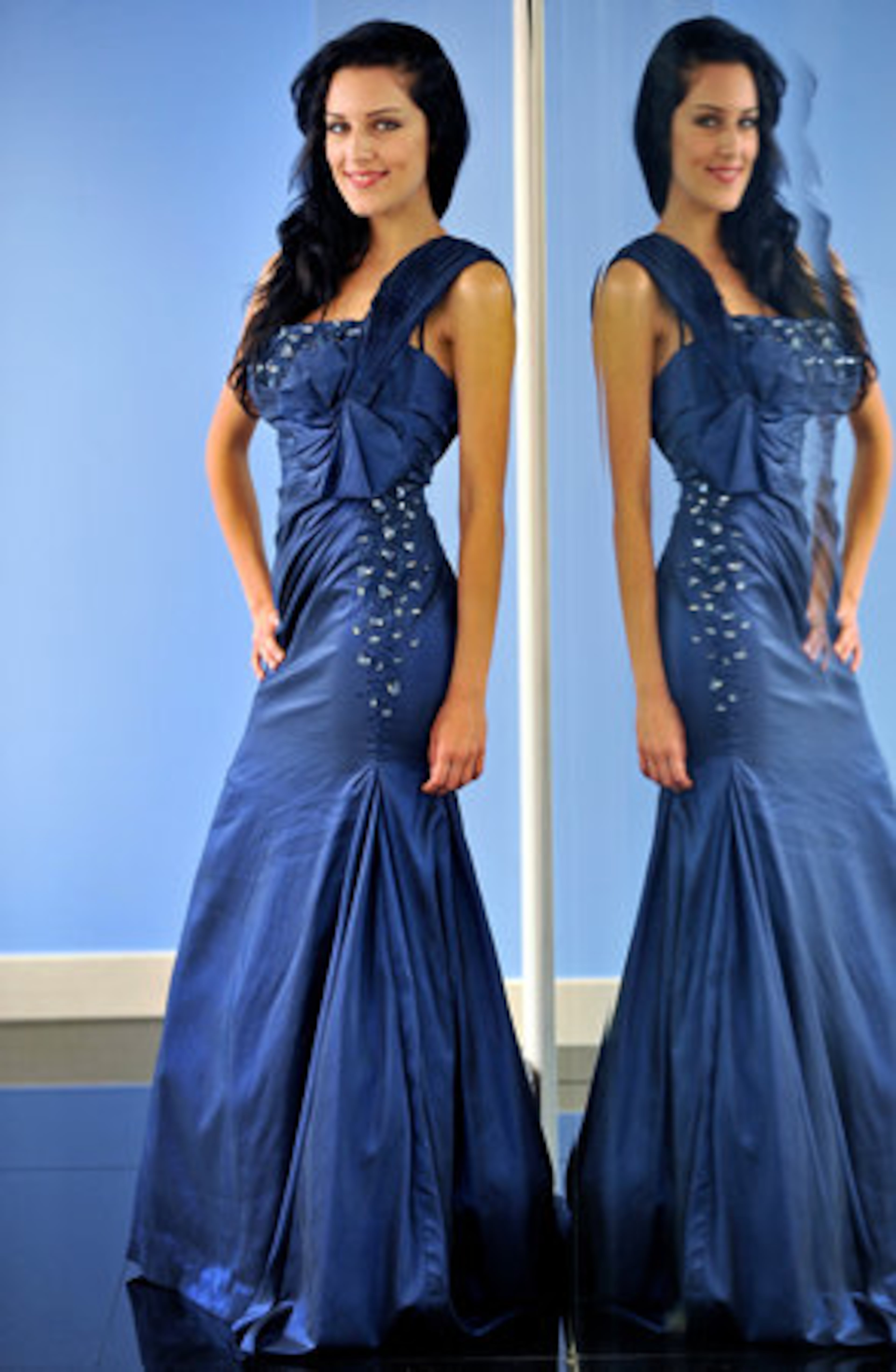 Navy was a red carpet hit this season. Follow the trend in this sleek navy one-shoulder gown with a bow at the waist. $368 by Tony Bowls, available at Strictly Social Boutique in Dunwoody.