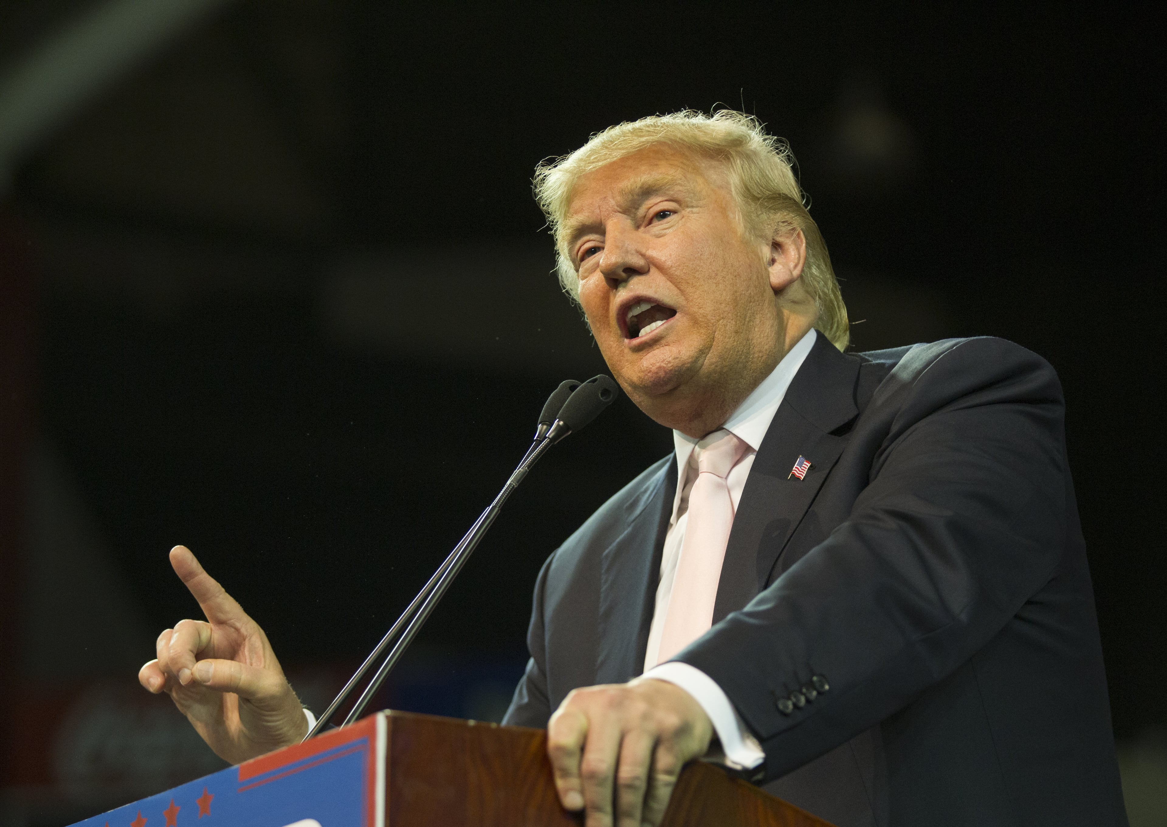 Republican presidential candidate Donald Trump speaks to supporters during a rally at Valdosta State University February 29, 2016 in Valdosta, Georgia. On the eve of the Super Tuesday primaries, Trump is enjoying his best national polling numbers of the election cycle, increasing his lead over rivals Sens. Marco Rubio (R-FL) and Ted Cruz (R-TX). (Photo by Mark Wallheiser/Getty Images)
