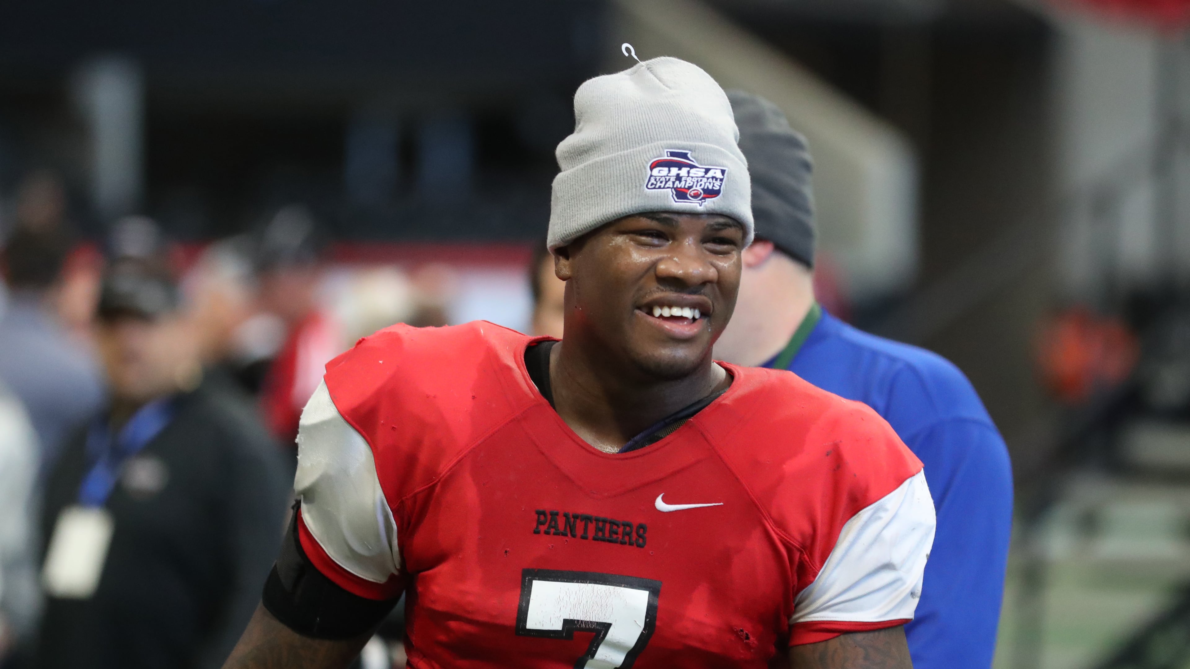 Linebacker Trezmen Marshall, the most highly rated of 10 three-star or higher prospects from Clinch County since 2021, celebrates after his Panthers defeated Irwin County, 27-20, in the Class A public championship at Mercedes-Benz Stadium on Tuesday, Dec. 11, 2018, in Atlanta. (Jason Getz/AJC)