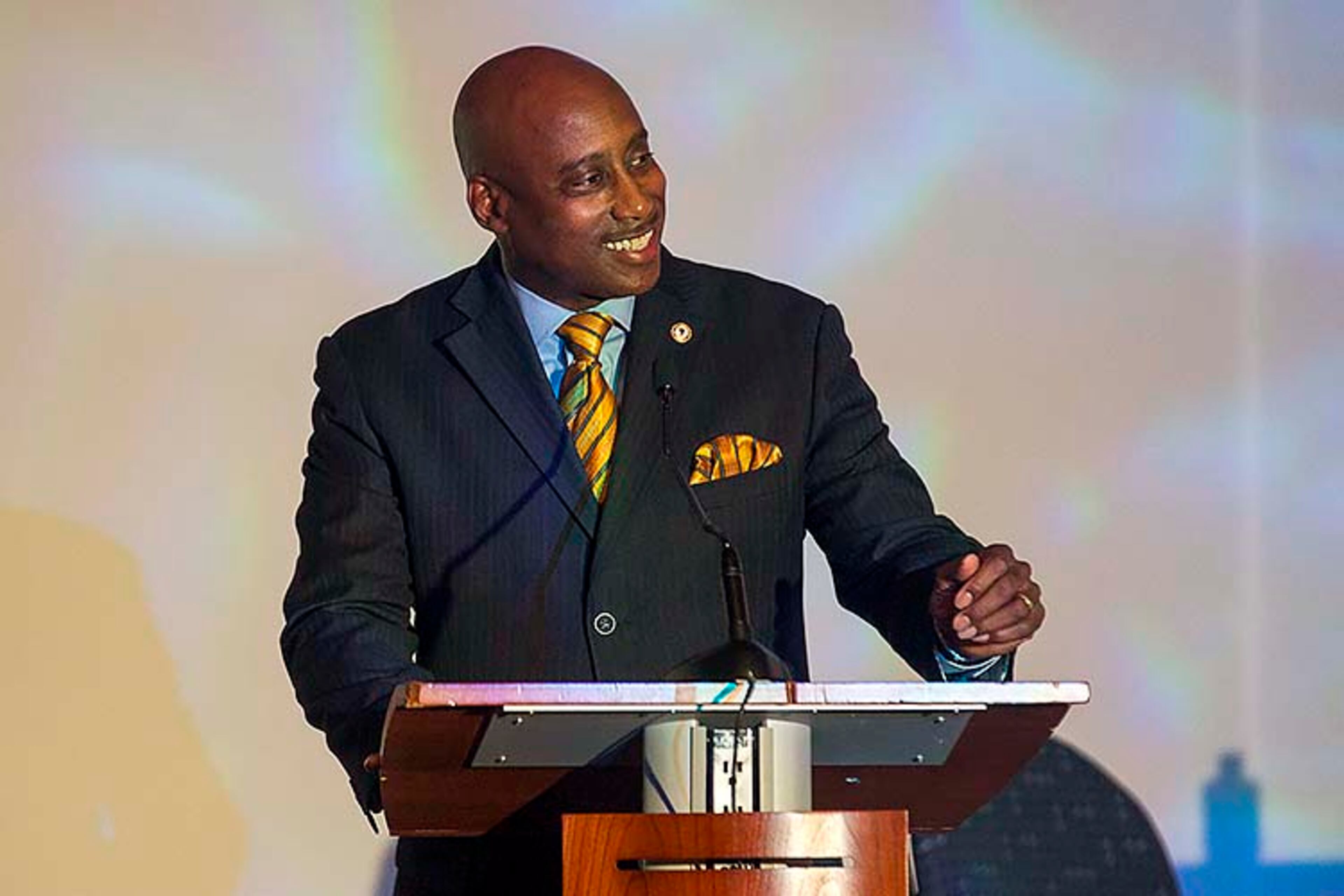 02/20/2020 -- College Park, Georgia -- Chairman Jeff Turner, of the Clayton County Board of Commissioners, speaks during the 18th annual South Metro Development Outlook Conference at the Georgia International Convention Center in College Park, Thursday, February 20, 2020. (ALYSSA POINTER/ALYSSA.POINTER@AJC.COM)