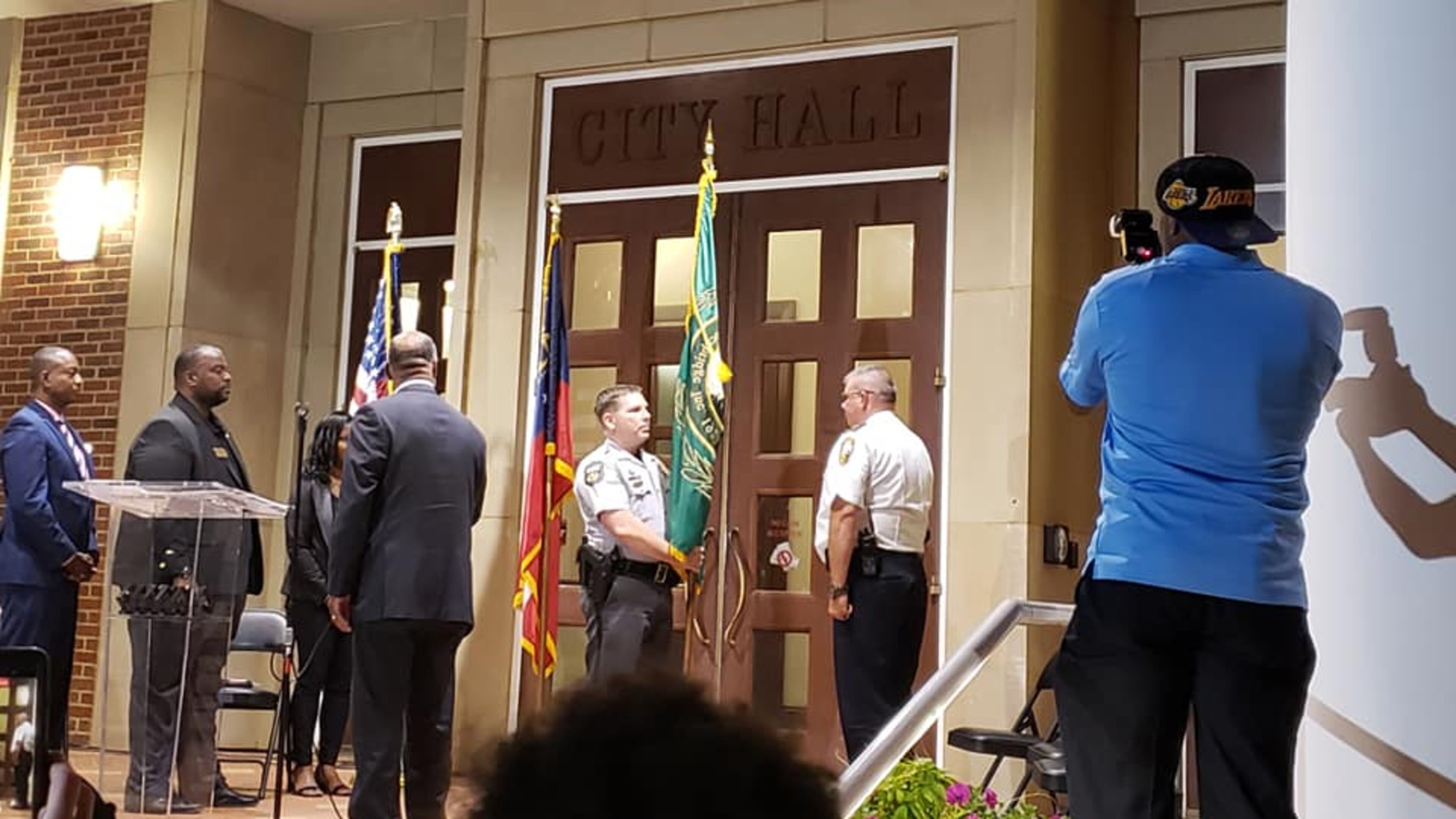 A scene from the "change of command" ceremony in Stockbridge.