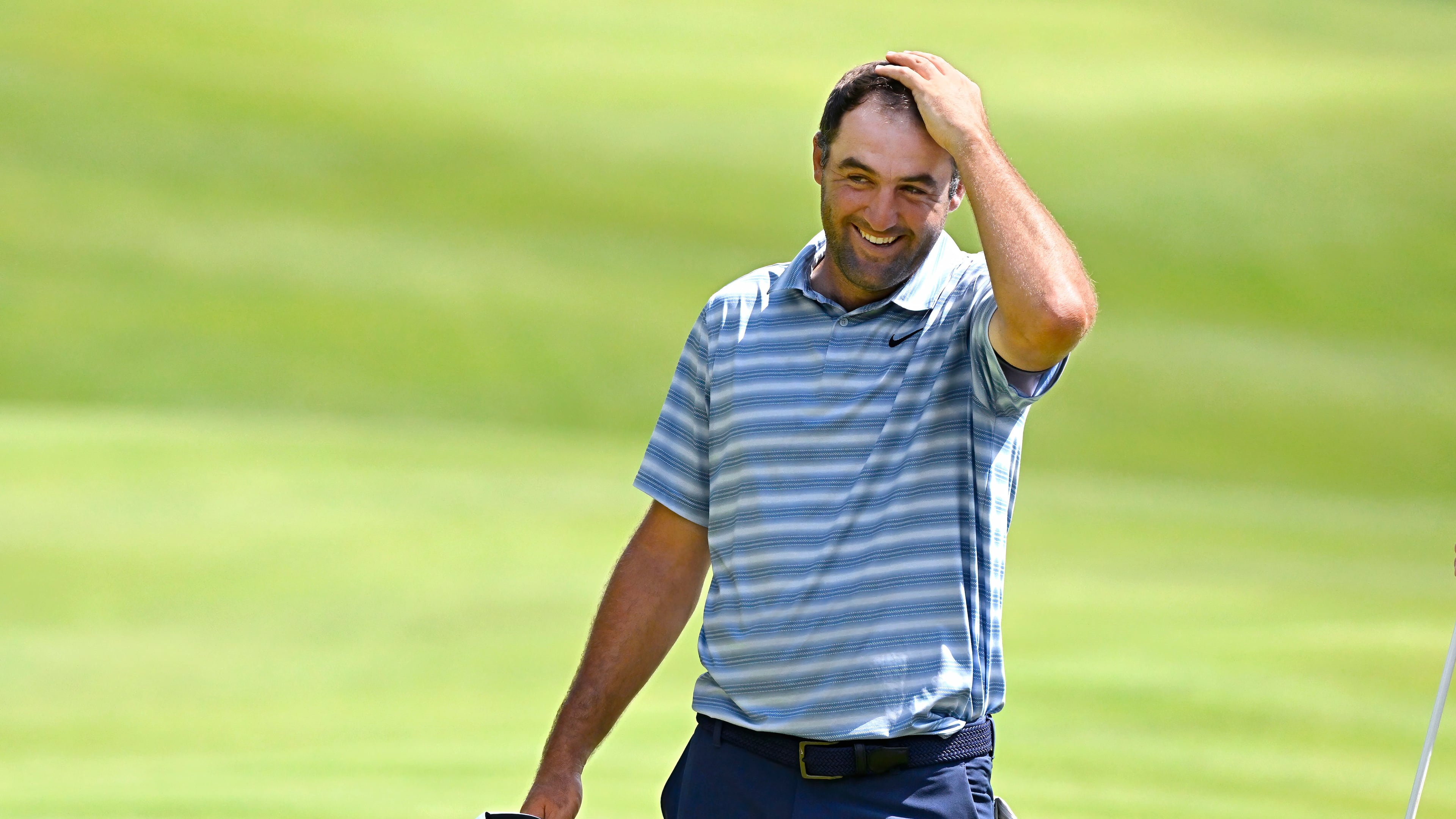 Scottie Scheffler reacts after finishing the second round of the Travelers Championship golf tournament at TPC River Highlands, Friday, June 26, 2026, in Cromwell, Conn. (AP Photo/Jessica Hill)