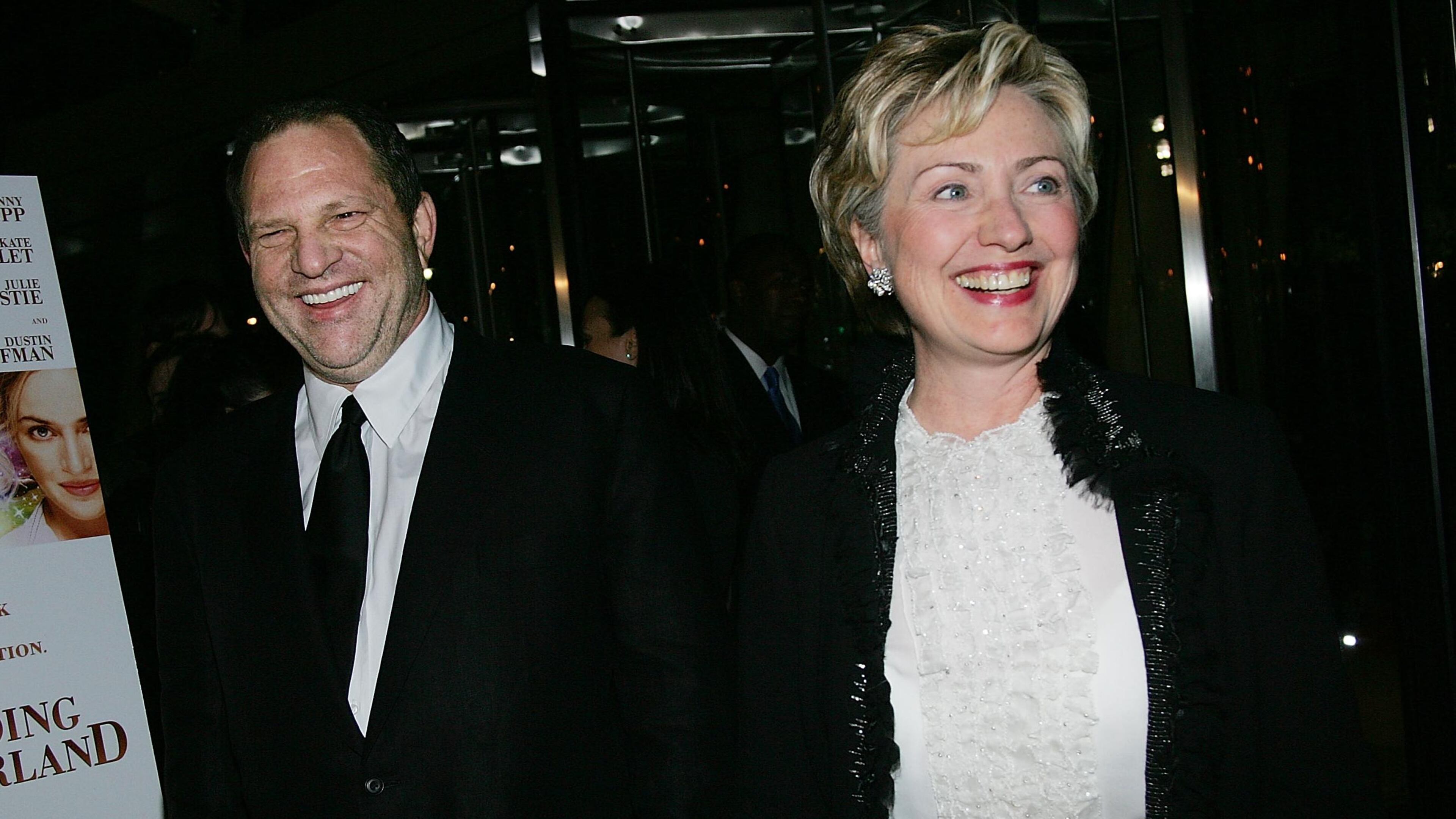 Producer Harvey Weinstein and Senator Hillary Clinton (D-NY) attend the "Finding Neverland" premiere at the Brooklyn Museum October 25, 2004 in New York City. (Photo by Evan Agostini/Getty Images)
