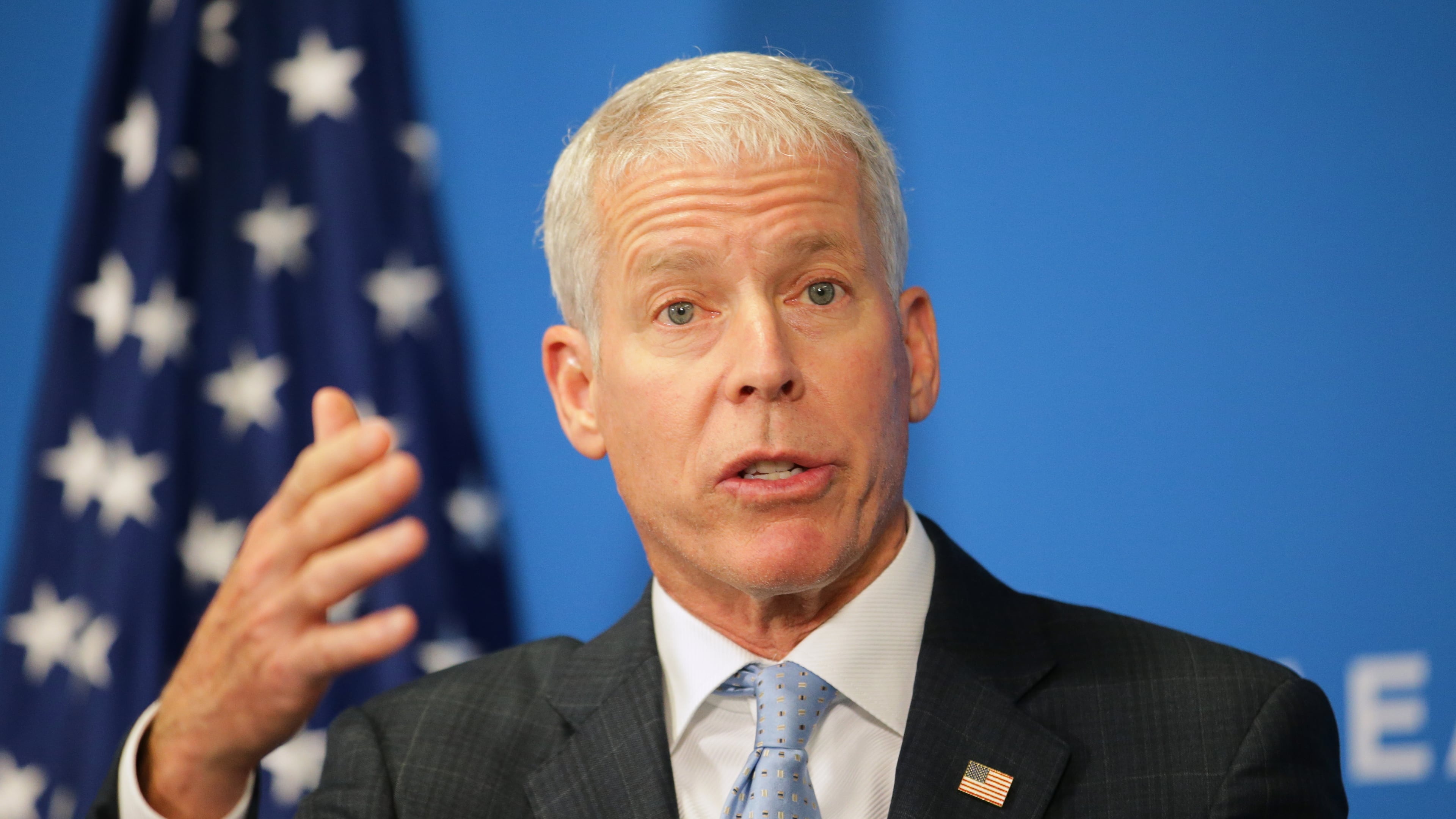 United States Secretary of Energy Chris Wright, talks to the media during a press conference on the sidelines of the annual General Conference of the International Atomic Energy Agency (IAEA) in Vienna, Austria, Monday, Sept. 14, 2026. (AP Photo/Heinz-Peter Bader)