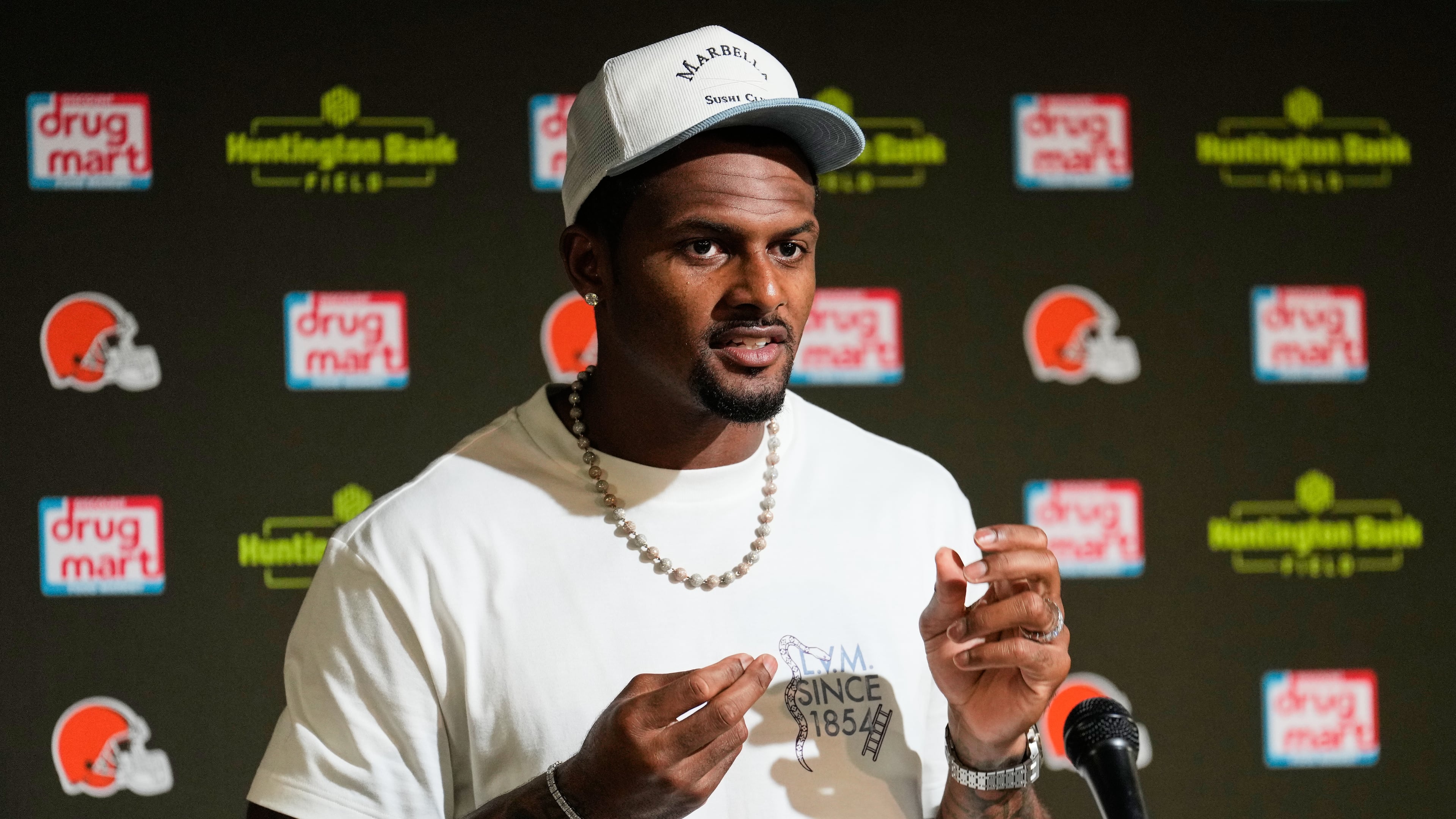 Cleveland Browns quarterback Deshaun Watson speaks at a press conference after an NFL preseason football game against the Buffalo Bills, Saturday, Aug. 22, 2026, in Cleveland. (AP Photo/Carolyn Kaster)