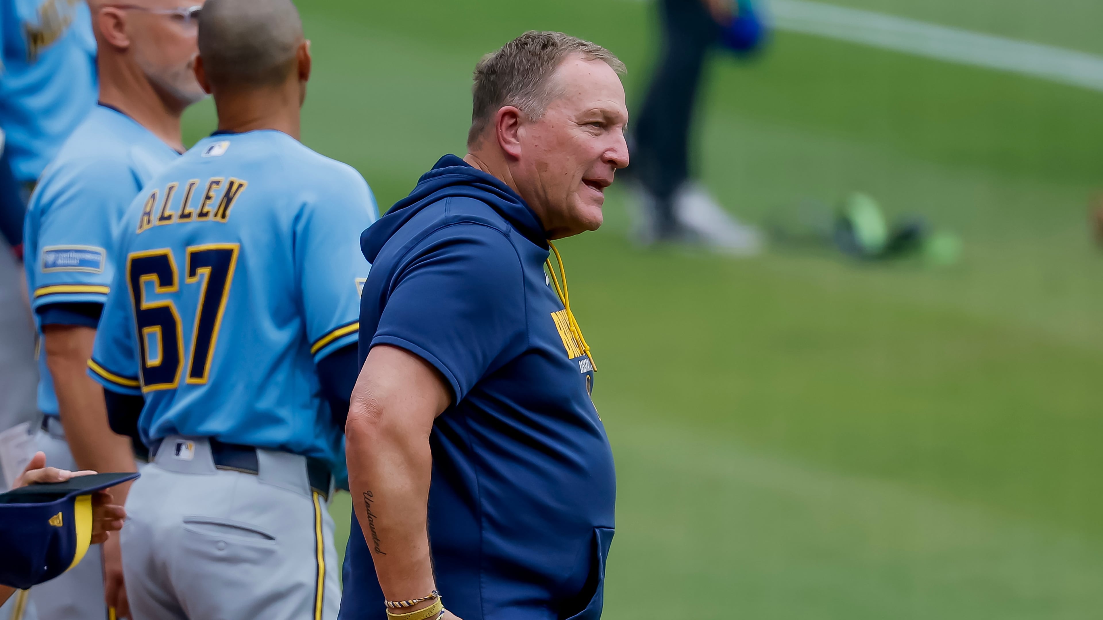Milwaukee Brewers manager Pat Murphy stands for the US national anthem before a baseball game against the Atlanta Braves, Friday, June 19, 2026, in Atlanta. (AP Photo/Erik S. Lesser)