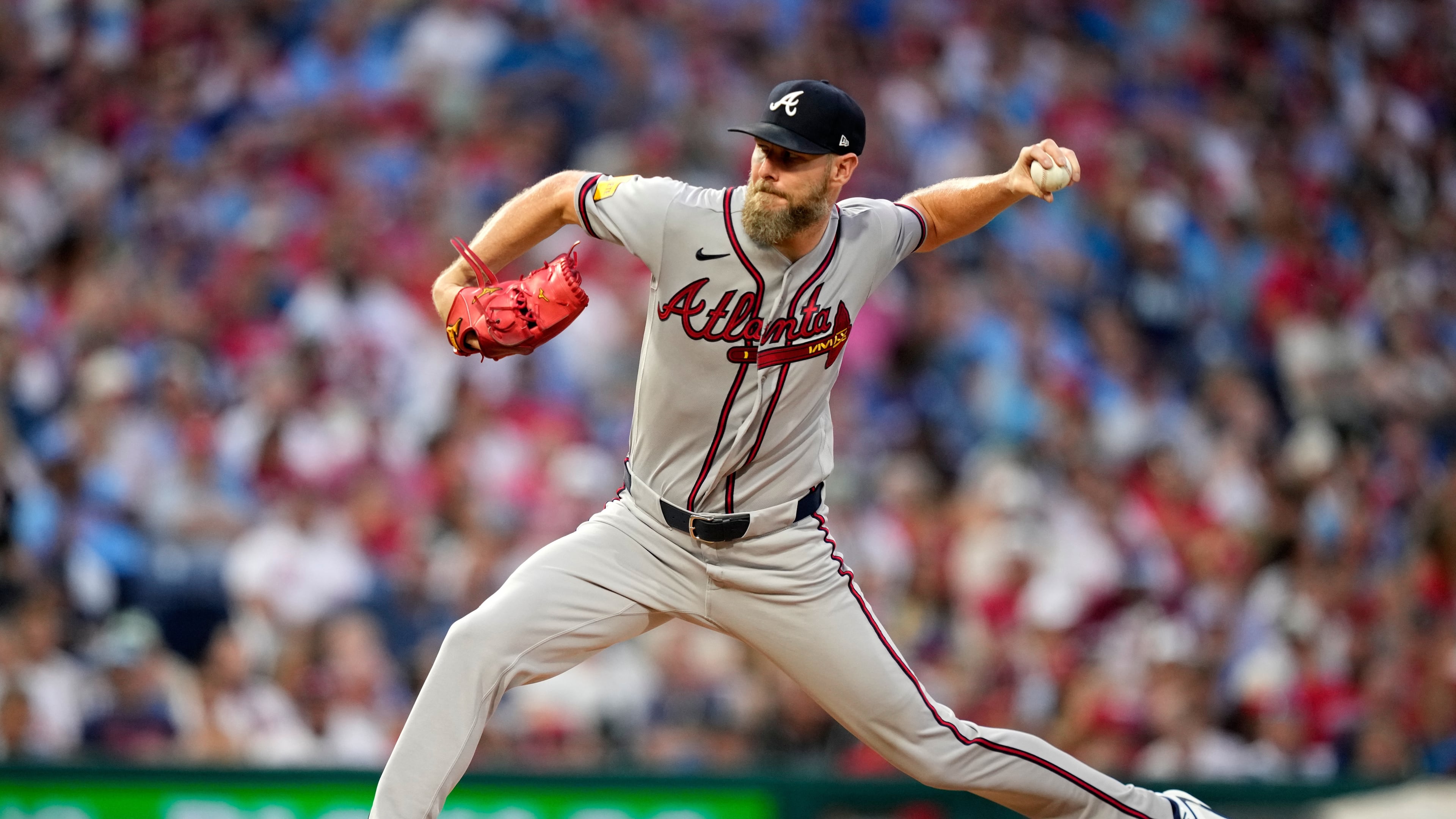 Atlanta Braves' Chris Sale pitches during the second inning of a baseball game against the Philadelphia Phillies Friday, Sept. 4, 2026, in Philadelphia. (AP Photo/Matt Slocum)