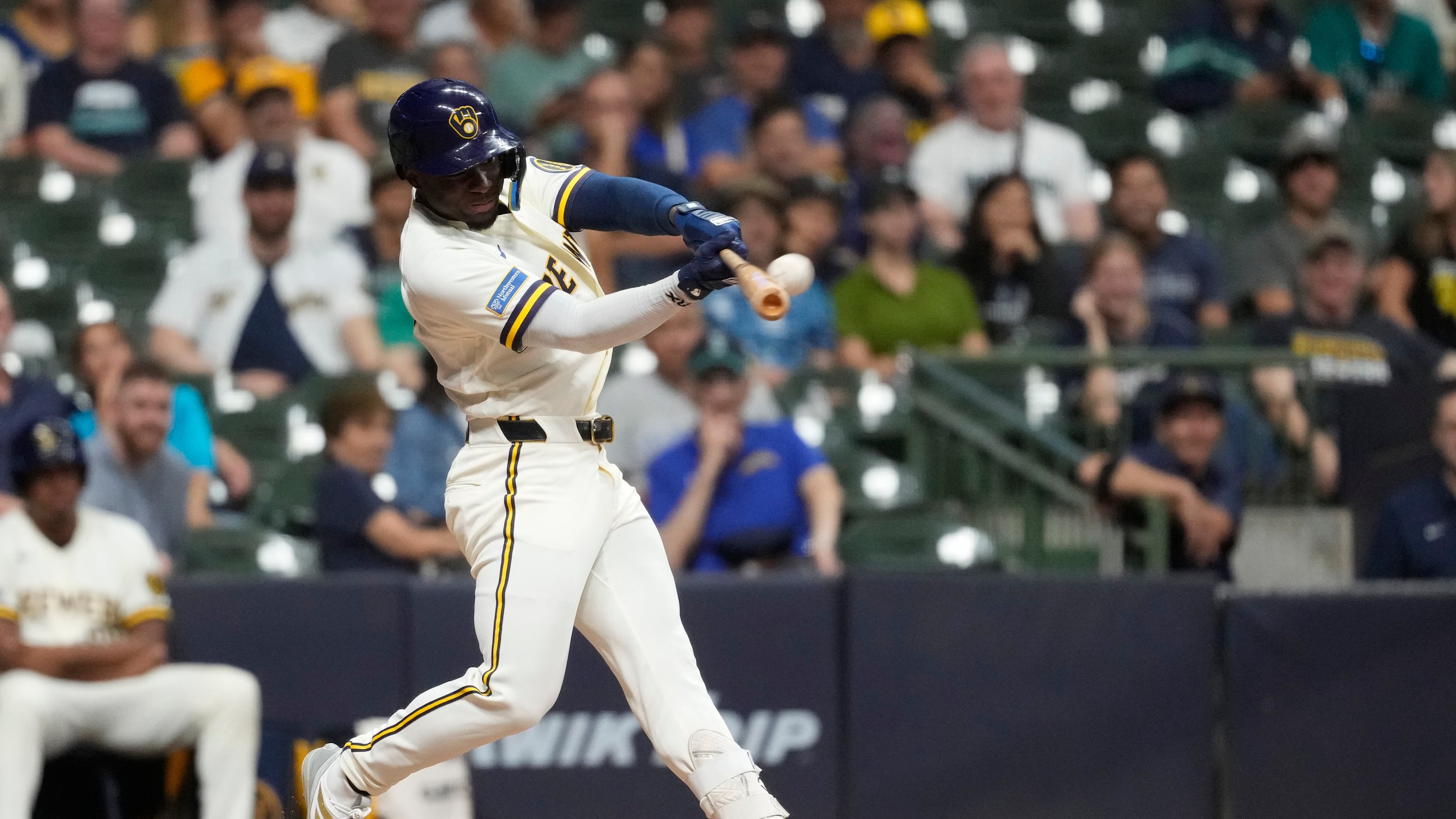 Milwaukee Brewers' Luis Lara hits a three-run home run for his first career home run during the eighth inning of a baseball game against the Seattle Mariners, Tuesday, Aug. 18, 2026, in Milwaukee. (AP Photo/Aaron Gash)