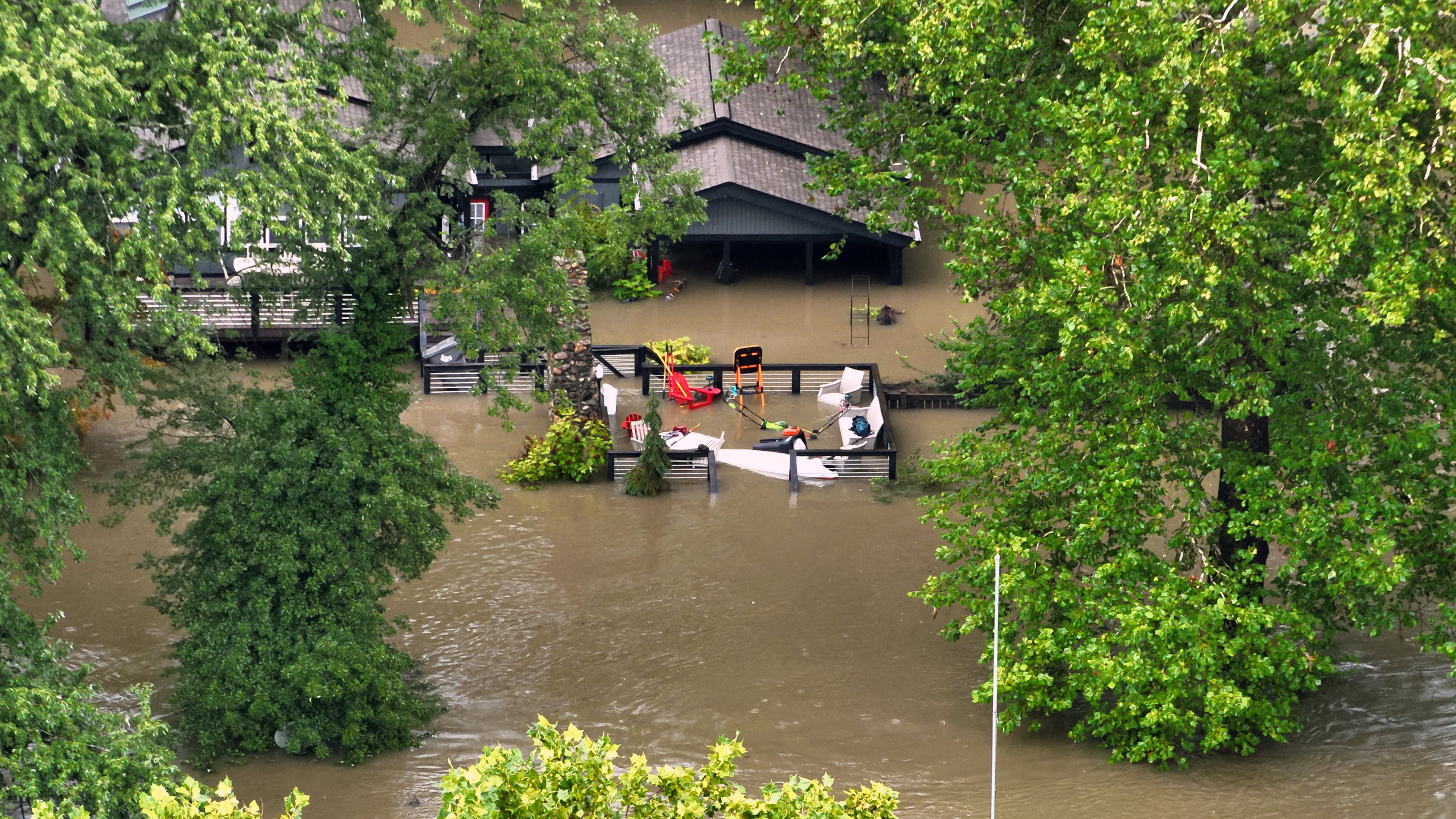 This aerial photo provided by the Indianapolis Fire Department shows flooding in northern Indianapolis, Ind., Saturday, Aug. 15, 2026. (Indianapolis Fire Department via AP)