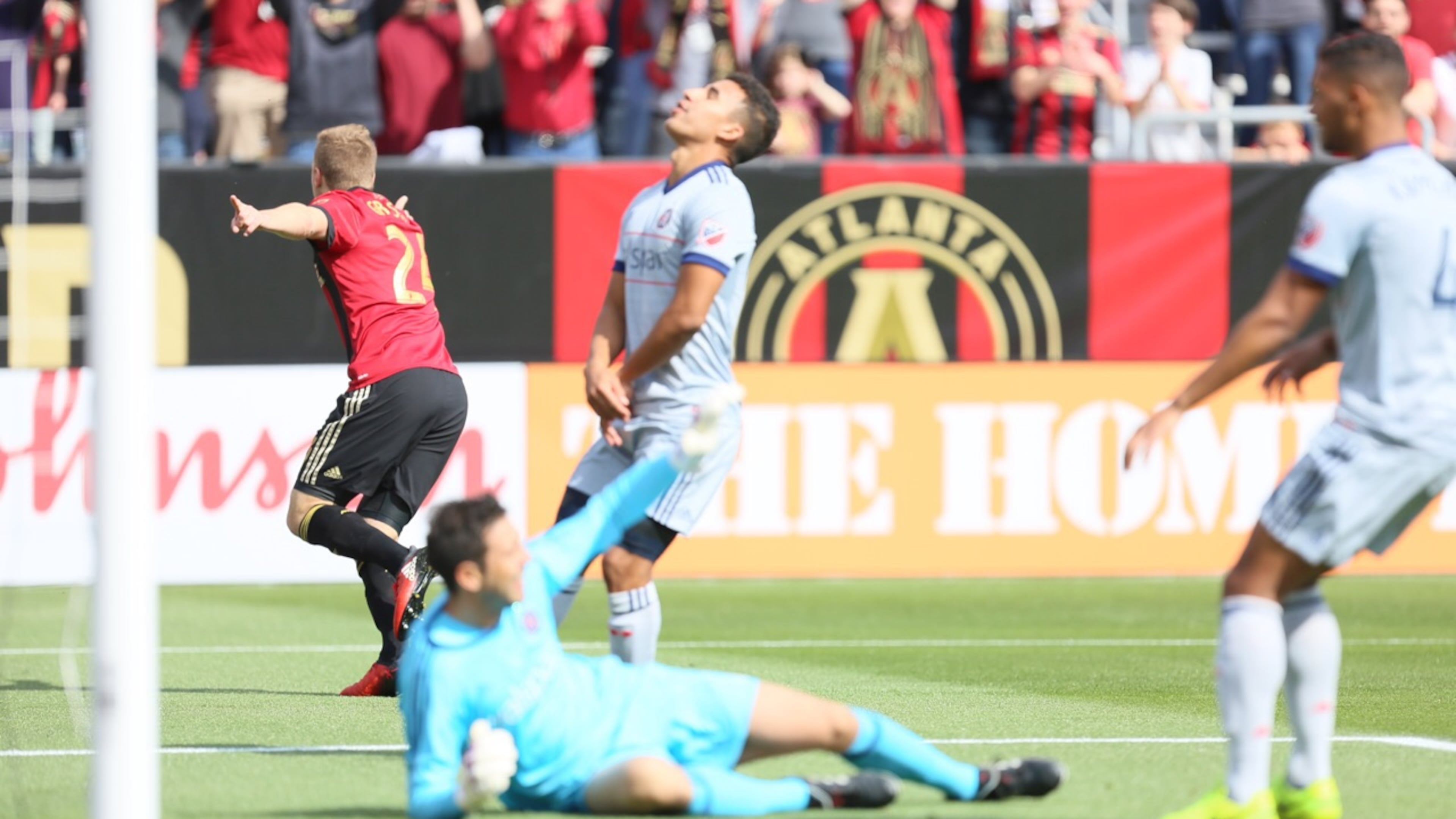 Julian Gressel celebrates after scoring one of his five goals last season.